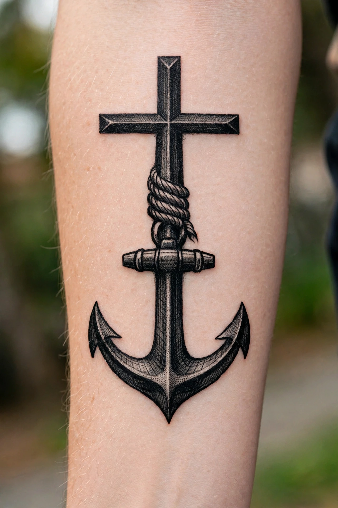 Anchor cross tattoo symbolizing faith hope and love on a wrist