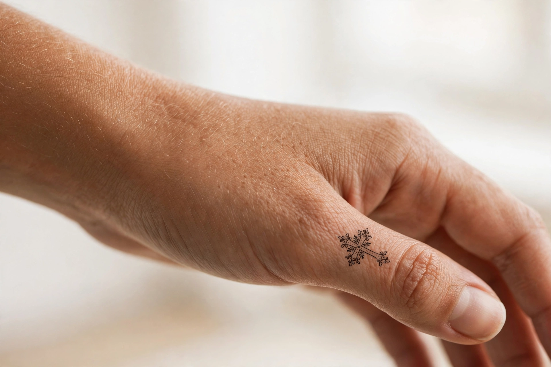 Tiny cross tattoo on the side of a woman's thumb