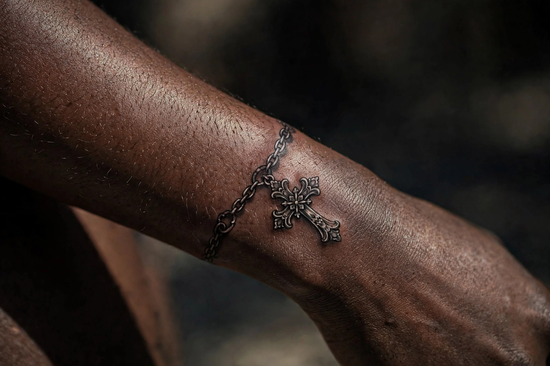 Cross charm bracelet tattoo circling a woman's wrist