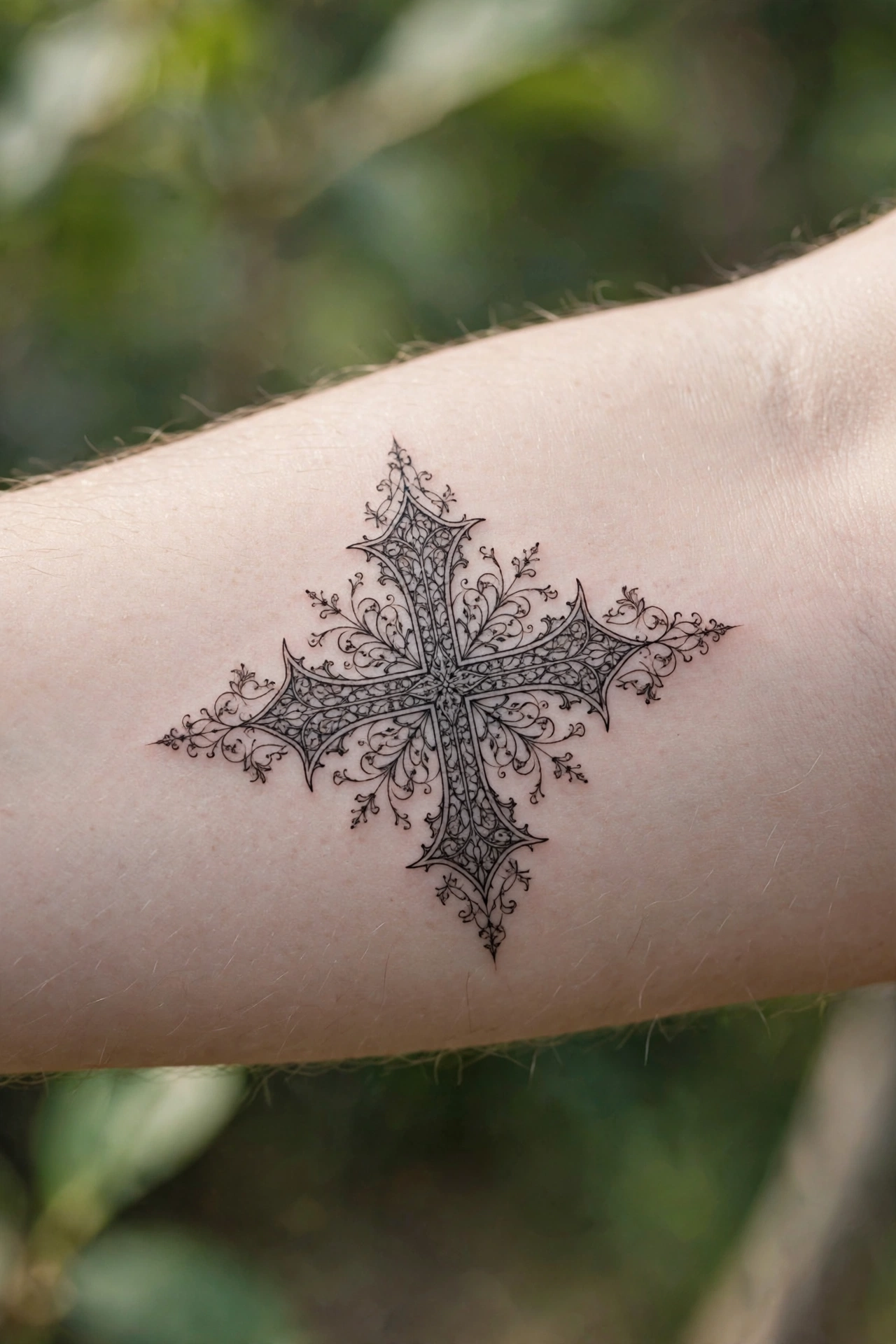 Ornate gothic cross tattoo with filigree details on a back