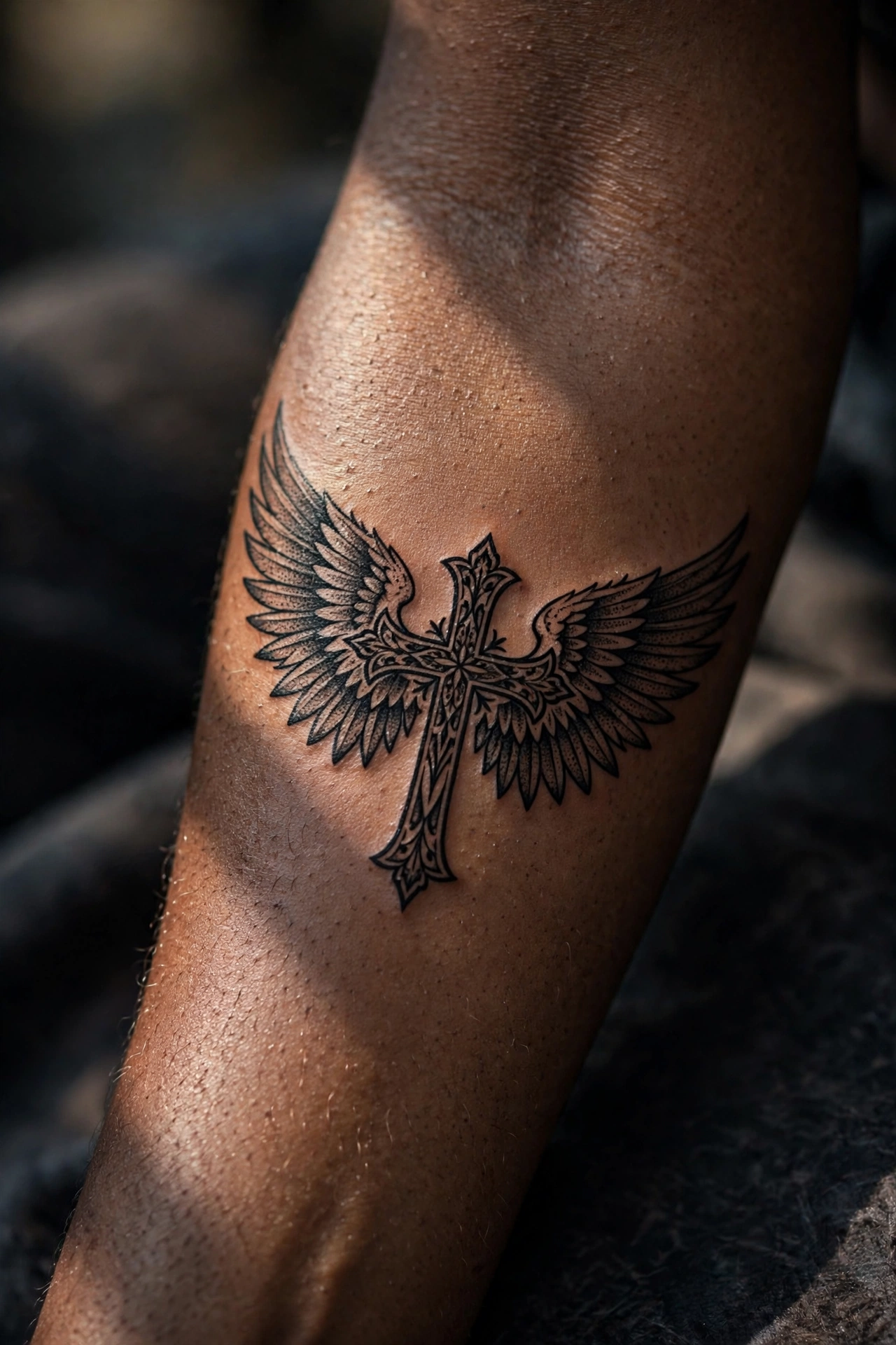 Cross tattoo with angel wings spreading behind it on an upper back
