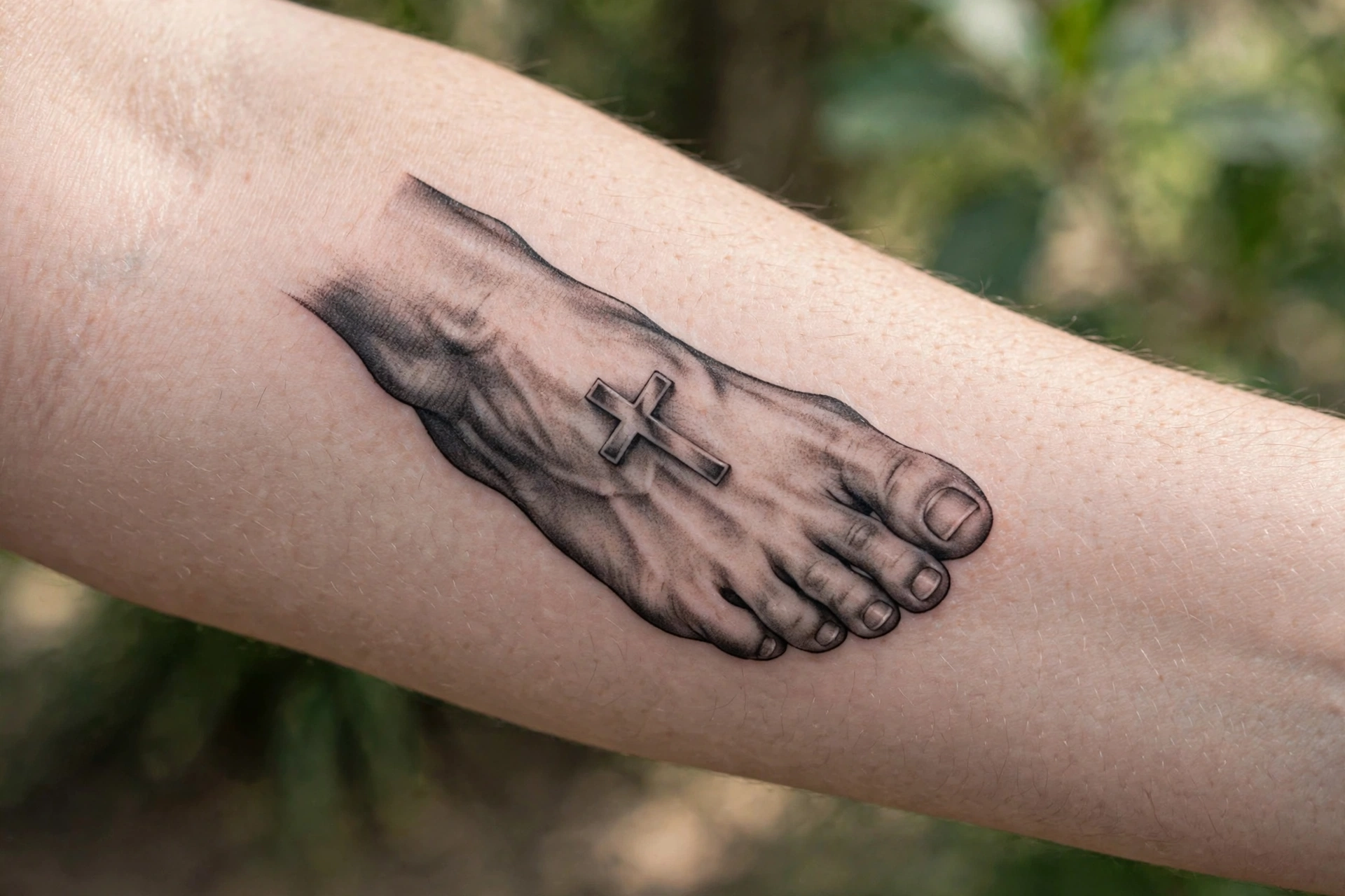Small cross tattoo on the top of a woman's foot