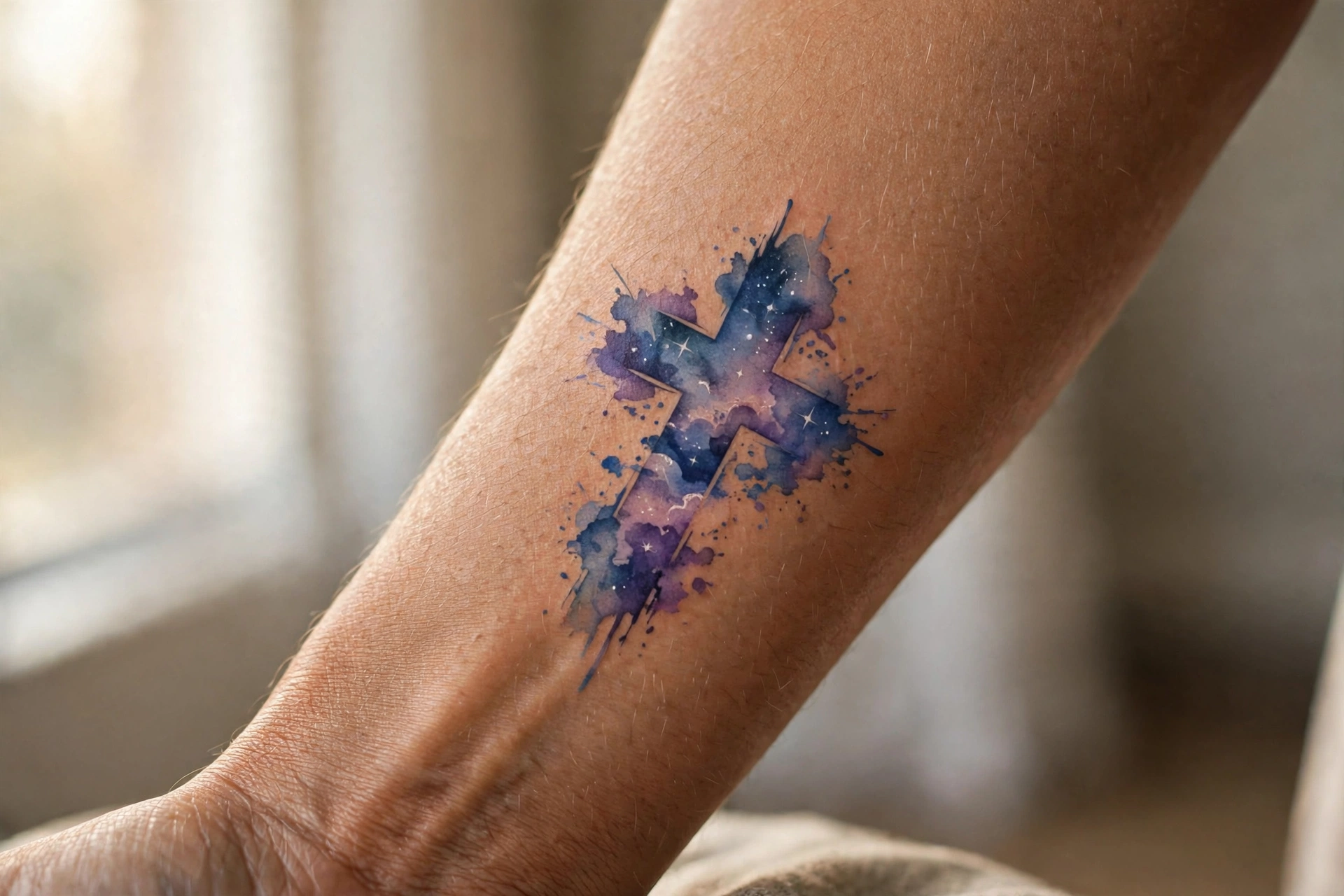 Cross tattoo silhouetted against stars and a crescent moon