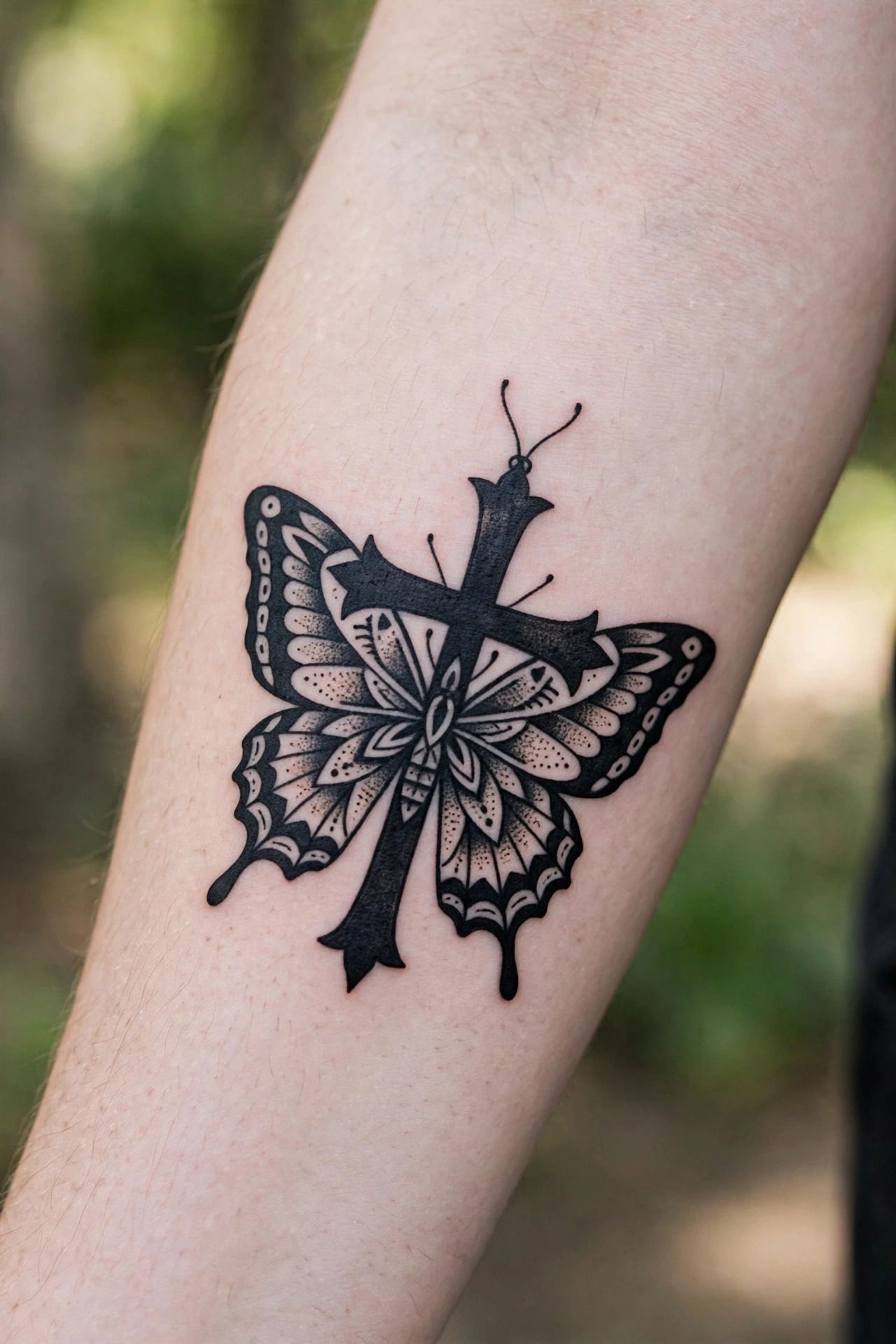 Cross tattoo with a butterfly resting on it on a wrist