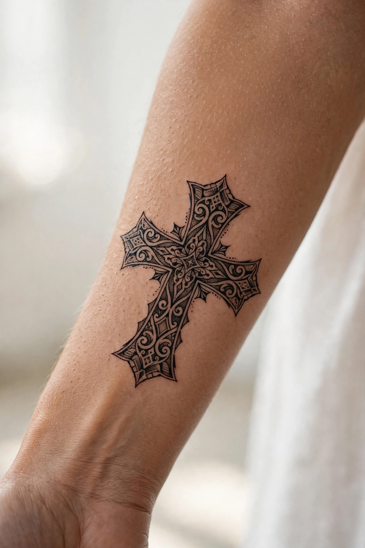 Bold tribal cross tattoo with sweeping patterns on an arm