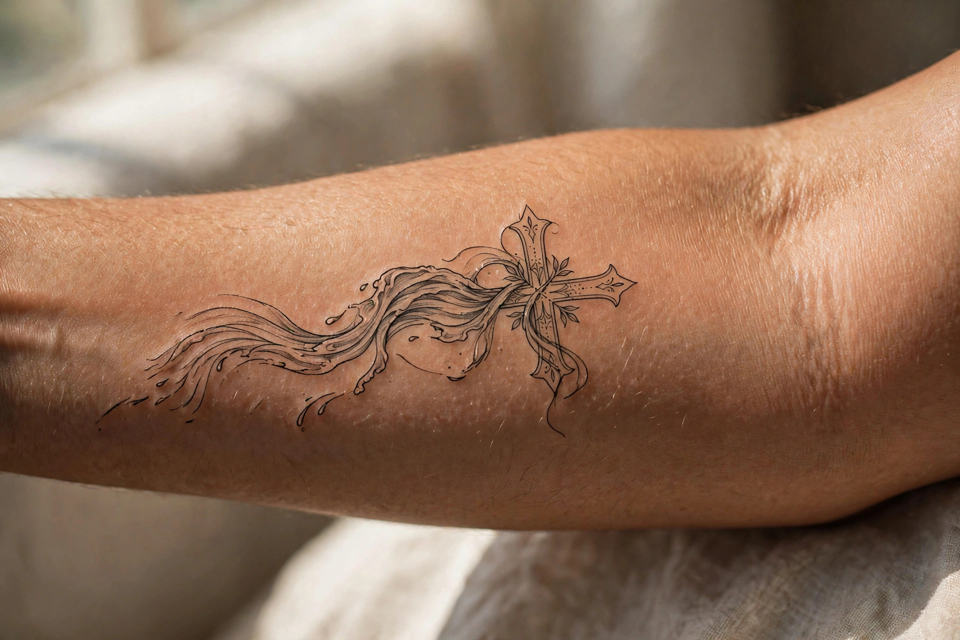 Cross tattoo with flowing water and waves at its base