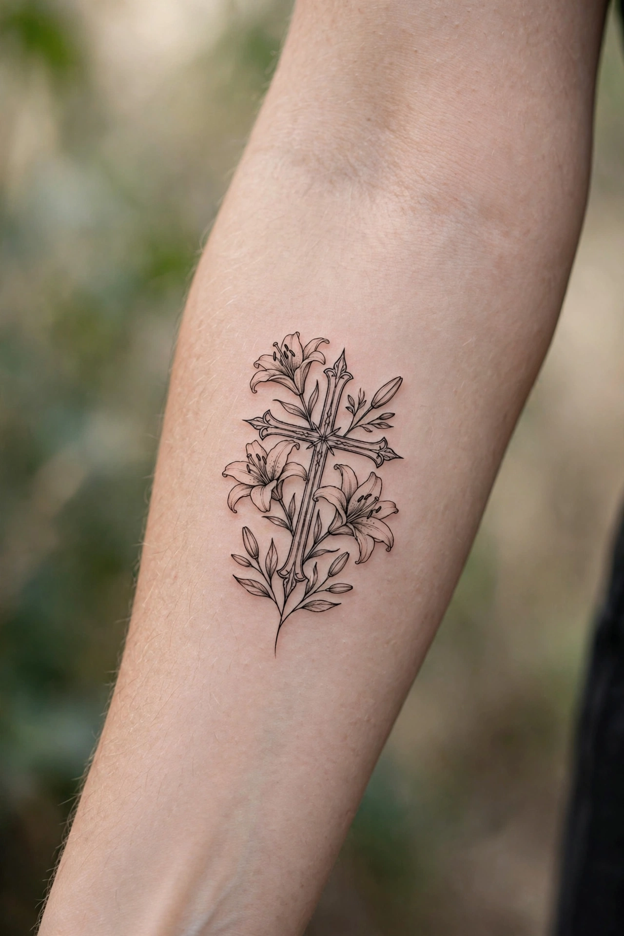 Cross tattoo adorned with white Easter lilies on a back