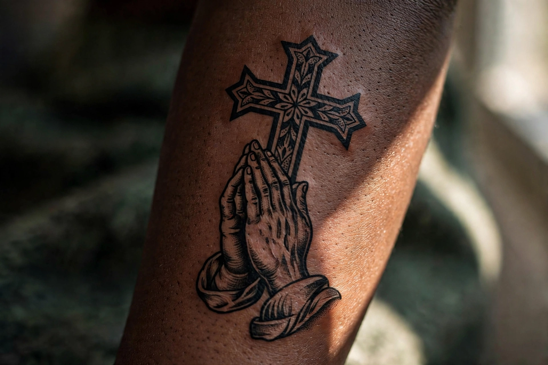 Cross tattoo above praying hands on a forearm