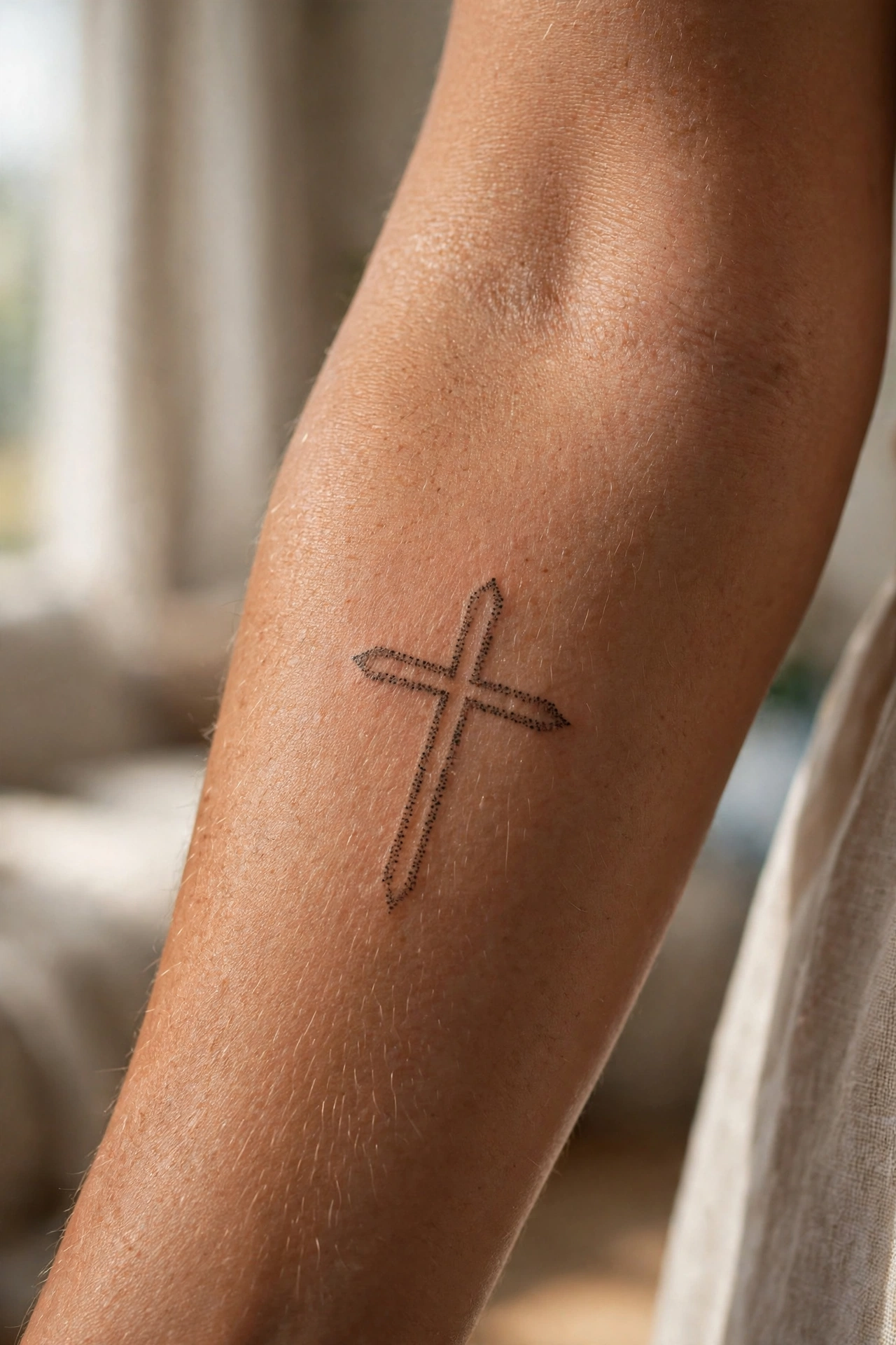 Simple outline cross tattoo in fine black lines on an ankle