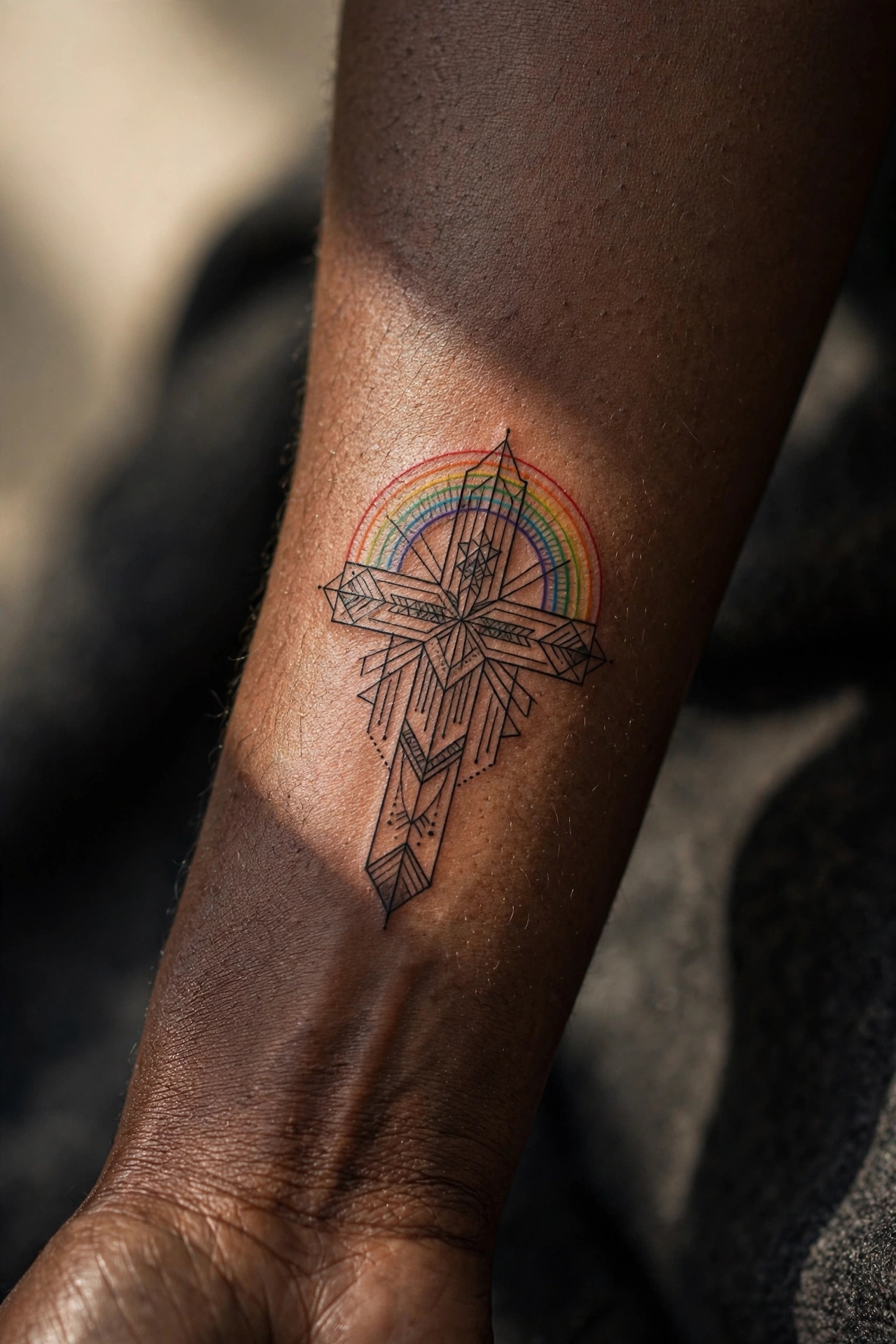 Cross tattoo with a rainbow arcing behind it on a shoulder