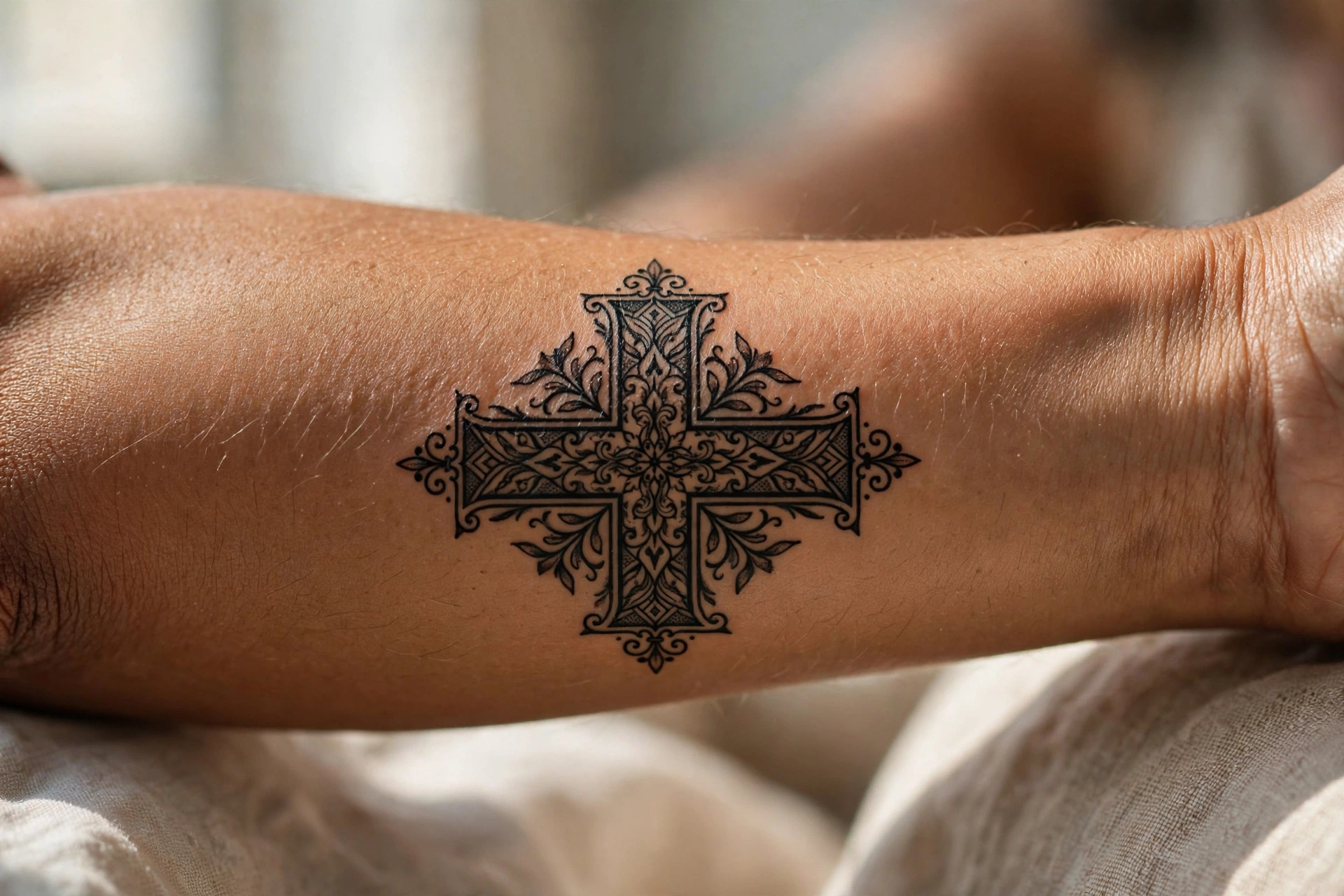 Bold black cross tattoo on a man's bicep