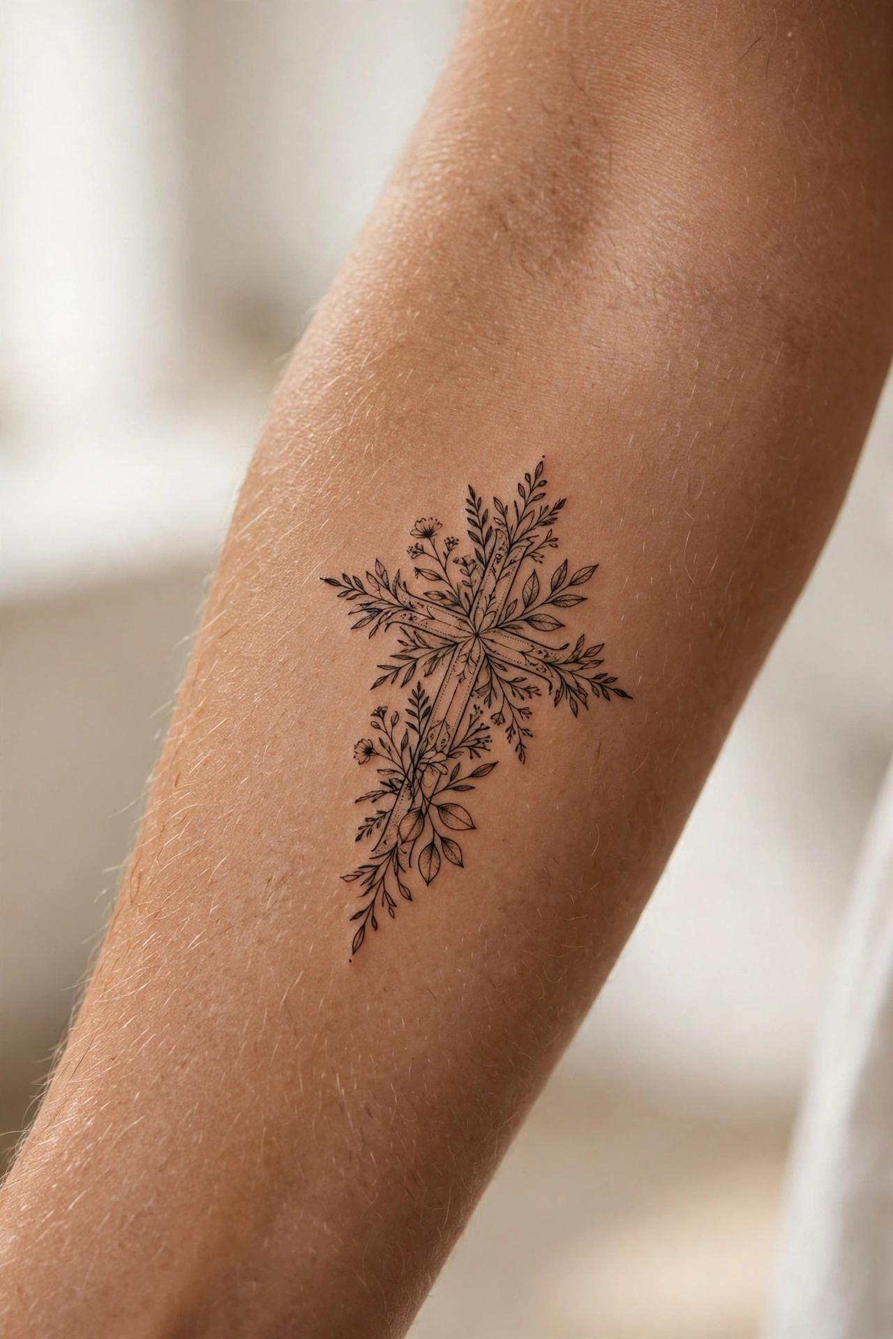 Large detailed cross tattoo as a forearm statement piece