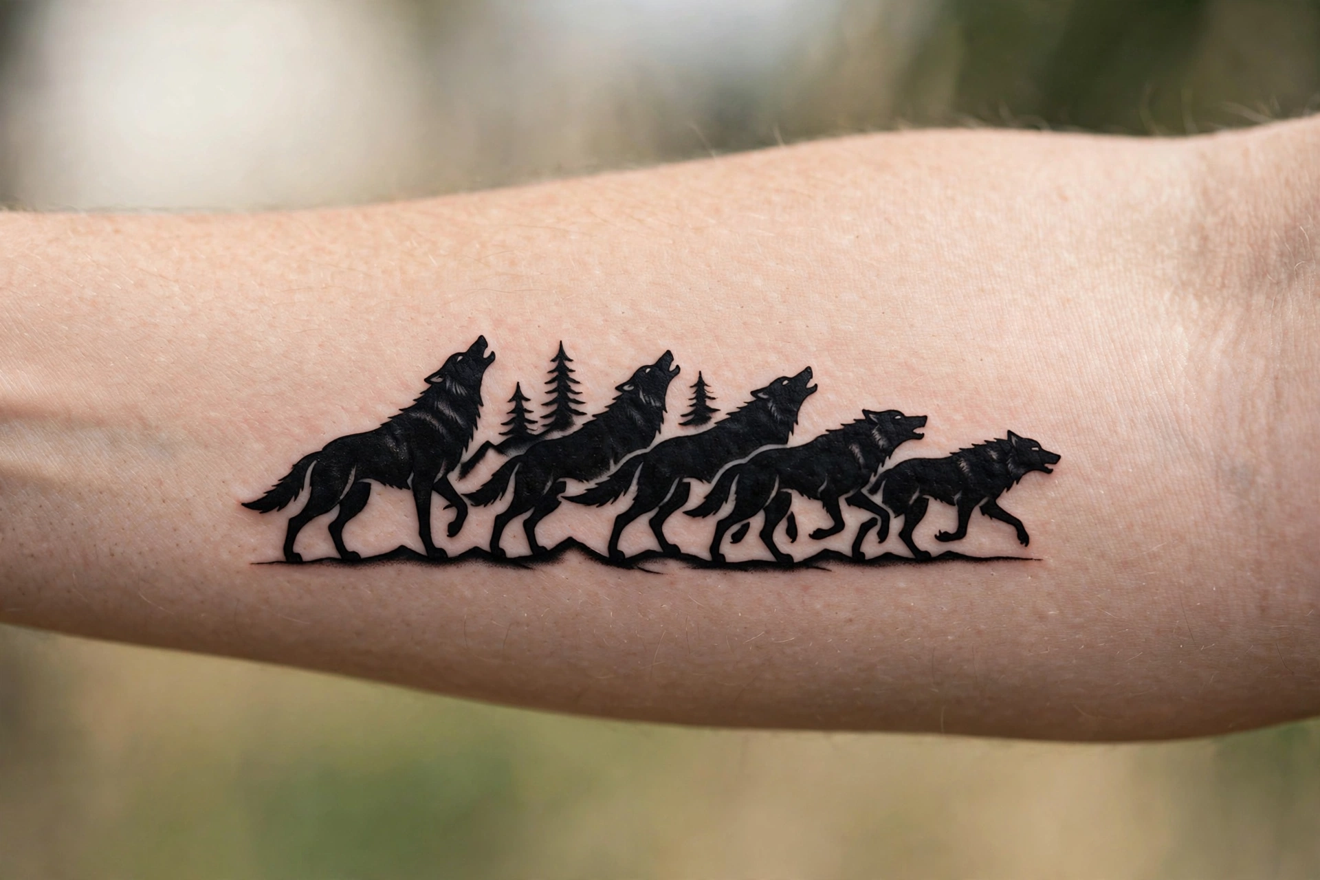 Wolf pack howling silhouette family tattoo