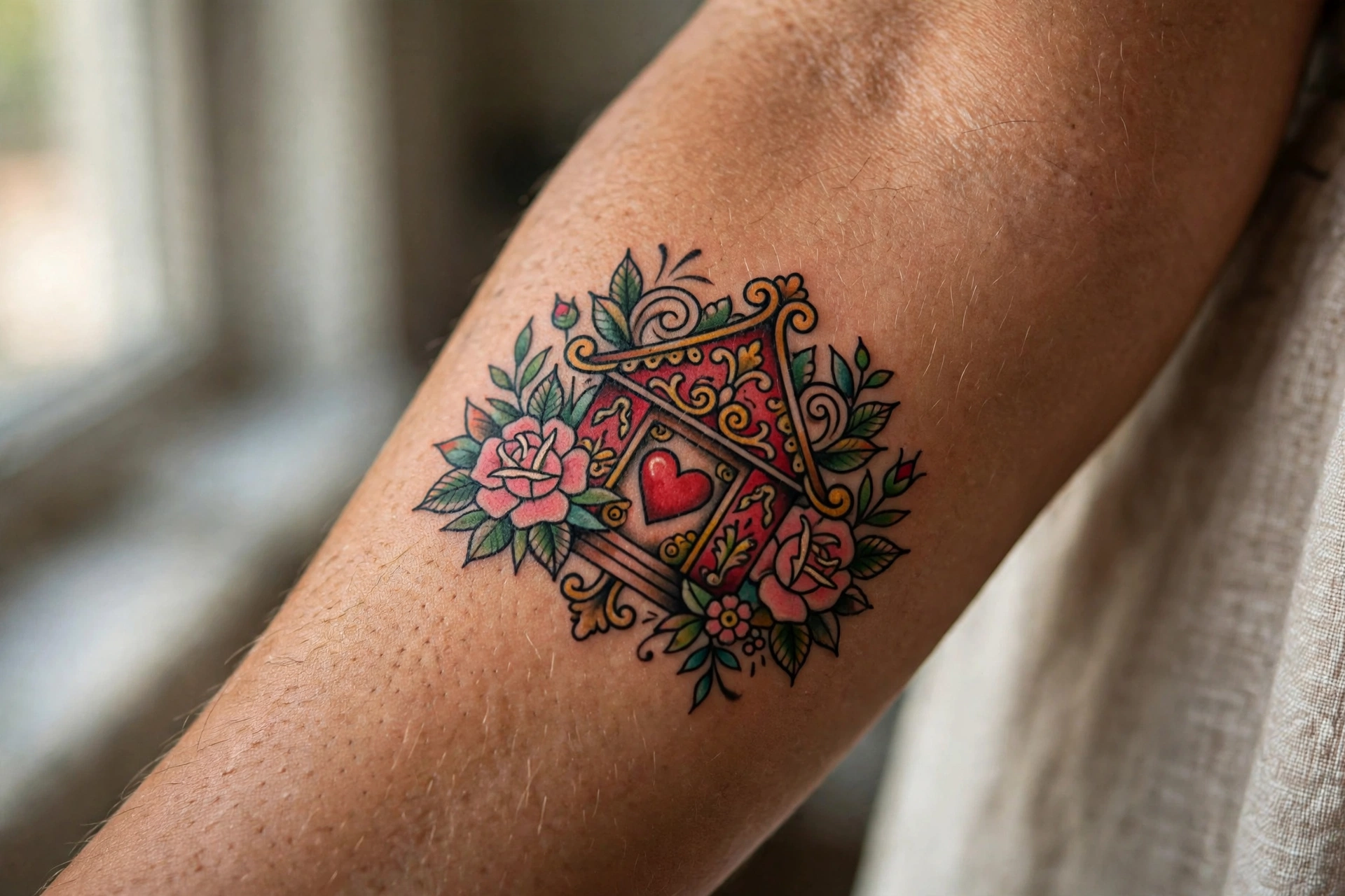 Minimalist house outline with heart inside tattoo