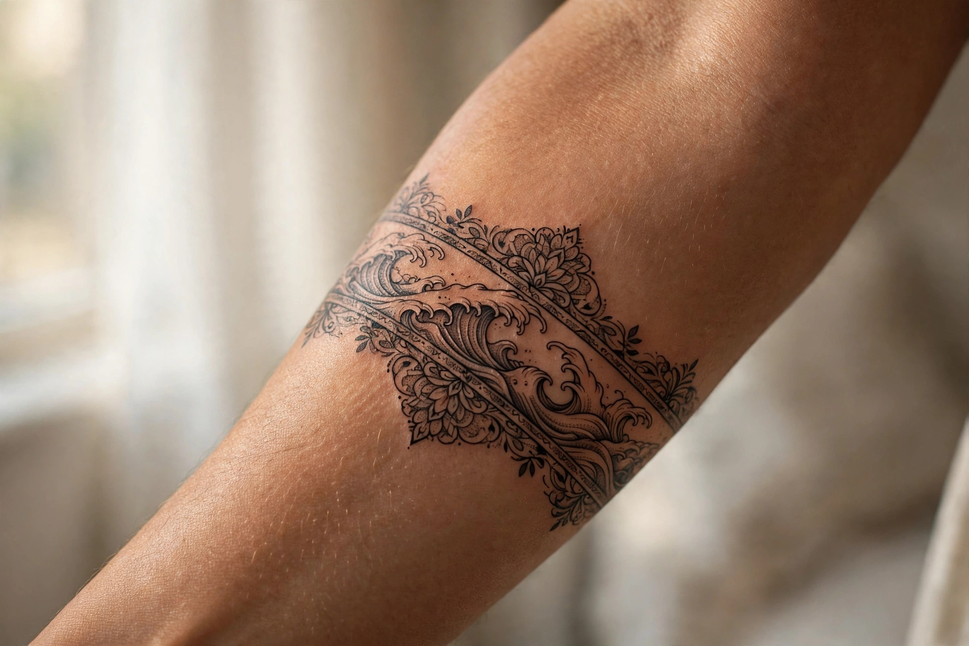 Japanese ocean waves band tattoo for family