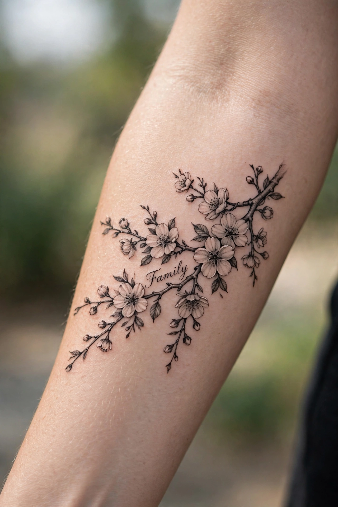 Cherry blossom branch tattoo symbolizing family beauty
