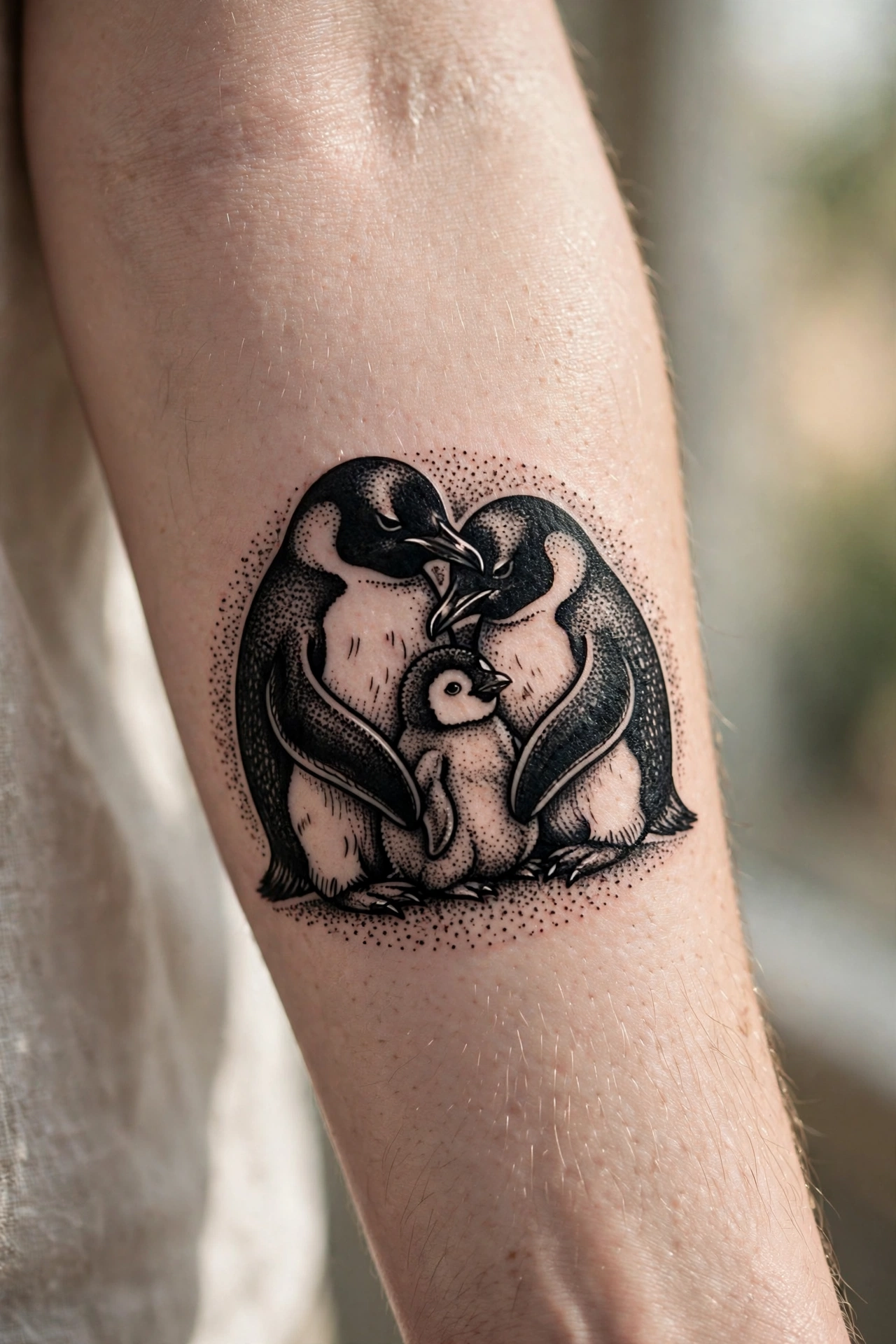 Penguin family huddling together tattoo