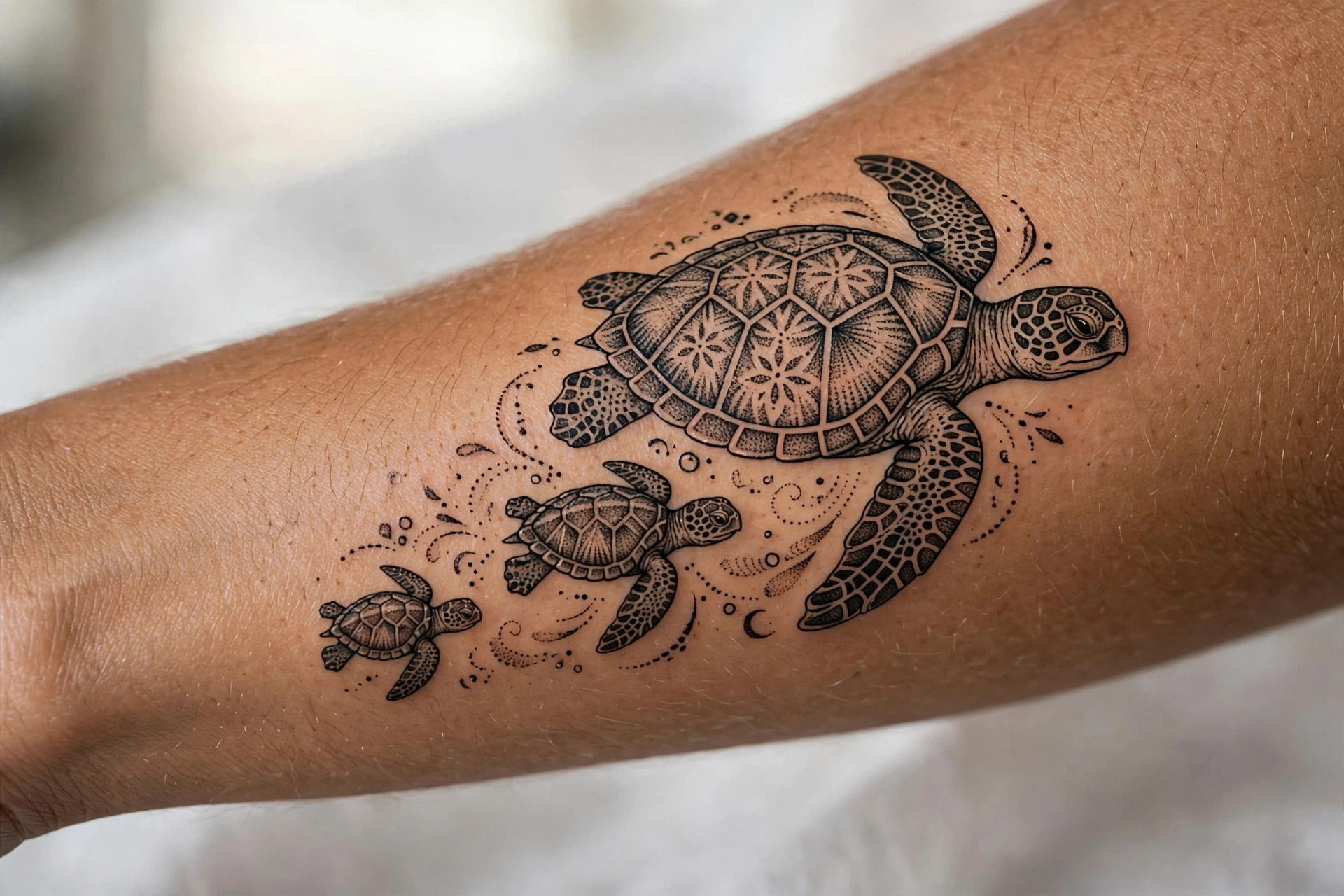 Sea turtles swimming as family tattoo