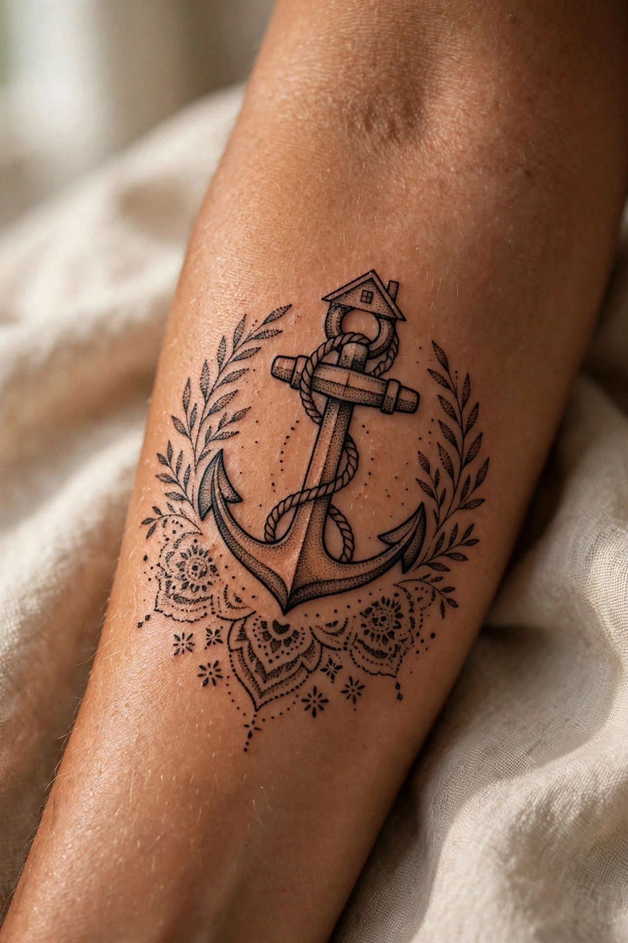 Anchor tattoo entwined with family banner