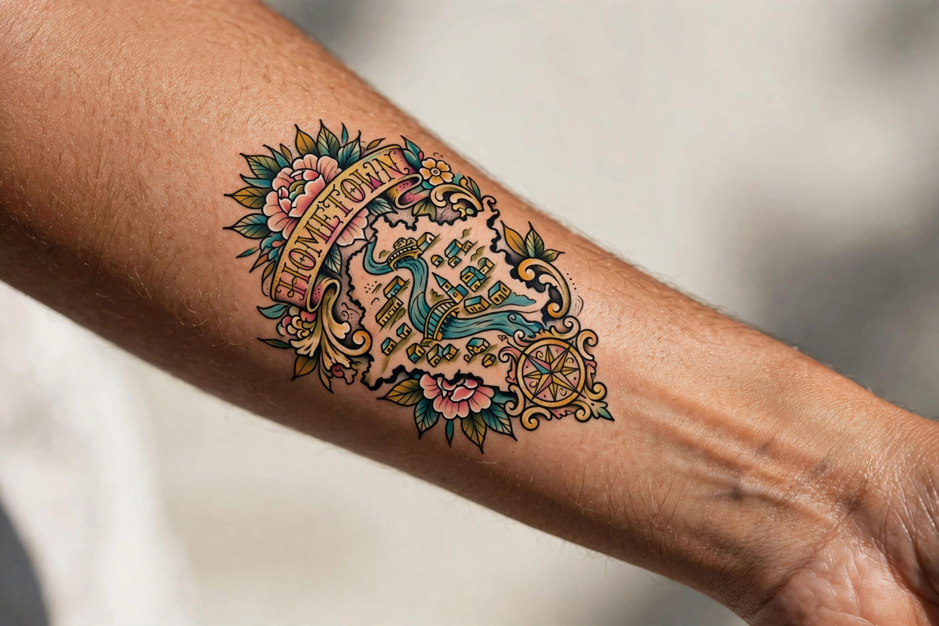 Hometown map outline with heart marker tattoo