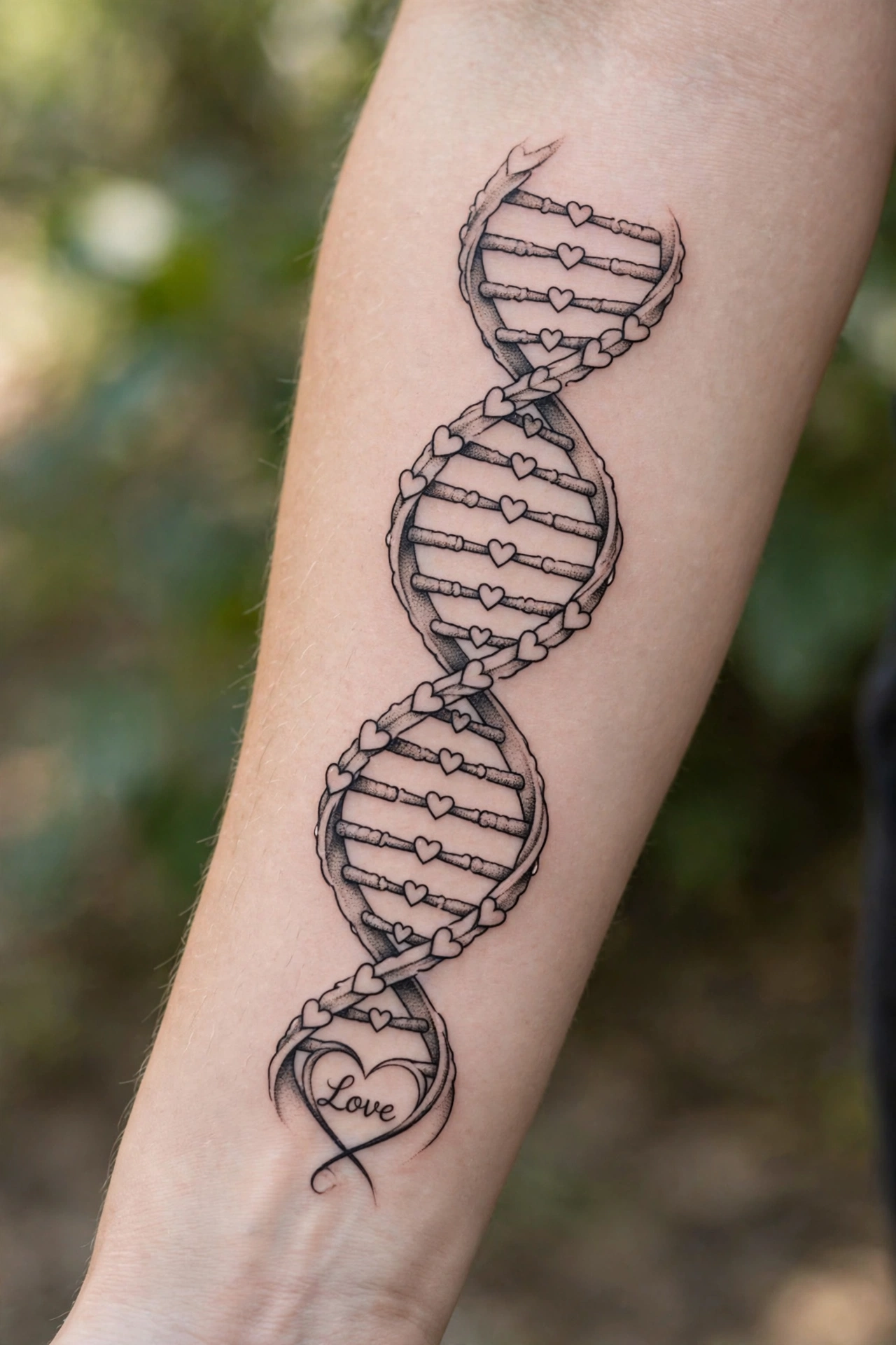 DNA double helix with hearts tattoo