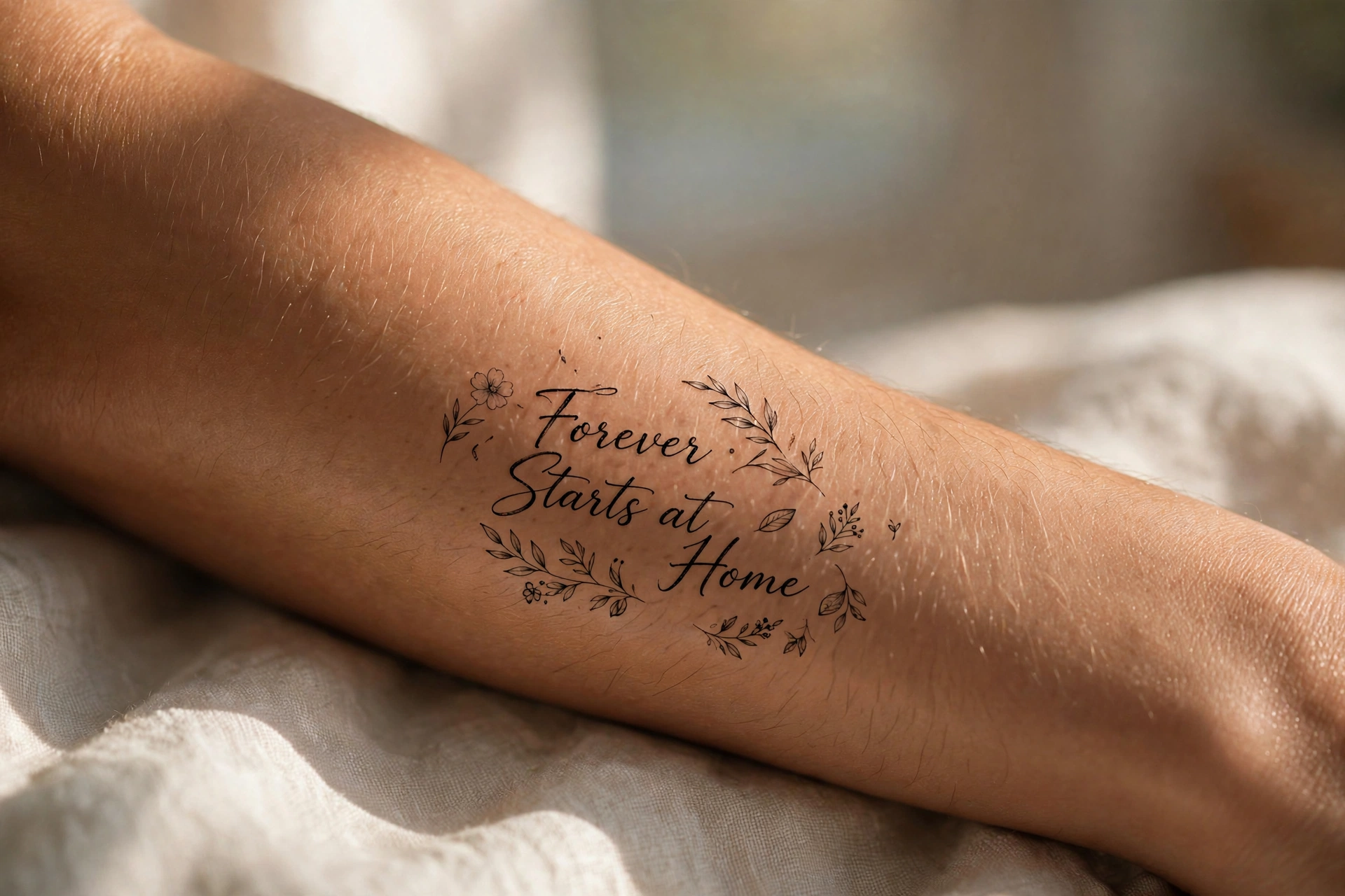 Forever starts at home quote tattoo with key