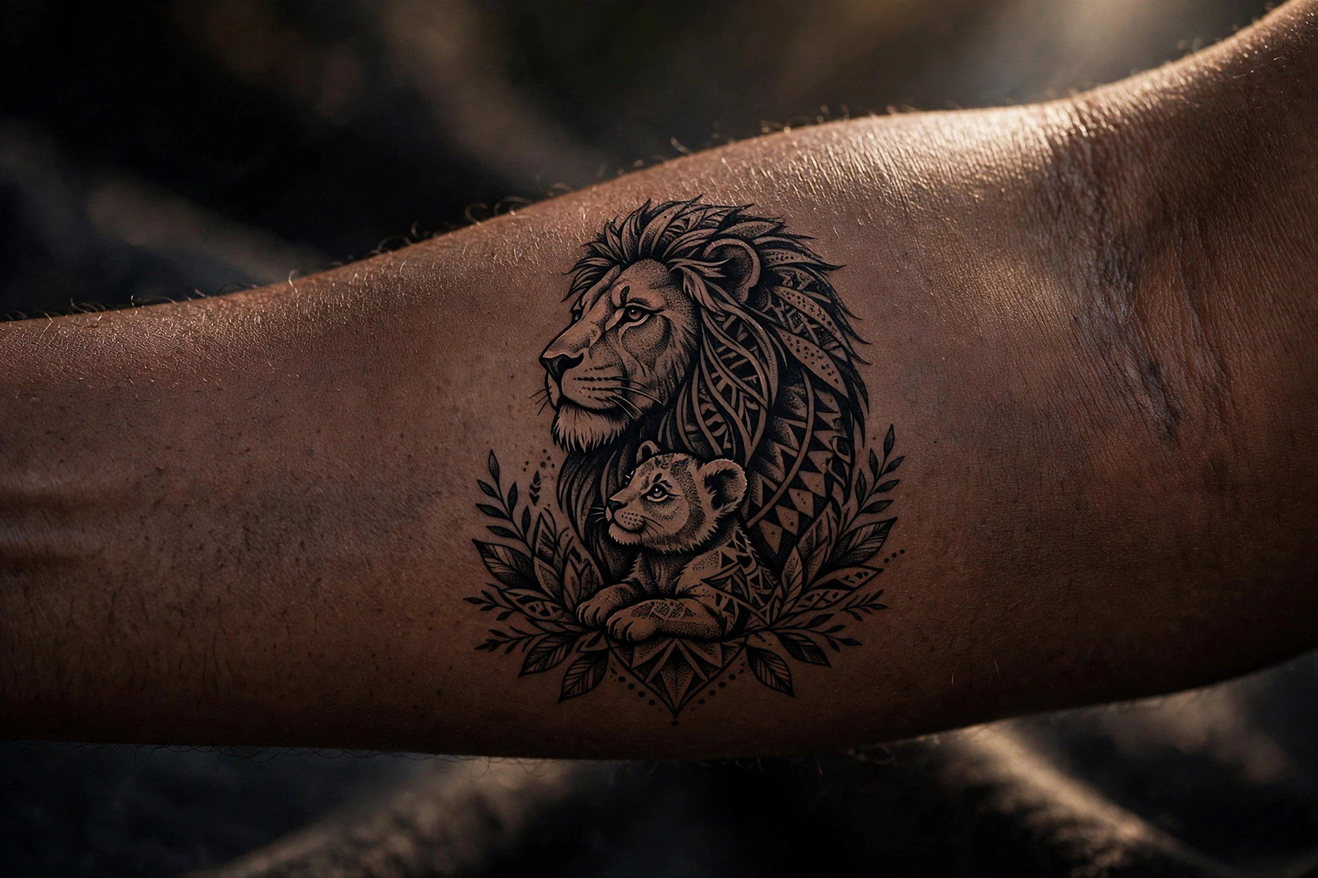 Lion and cub matching tattoo for father and daughter