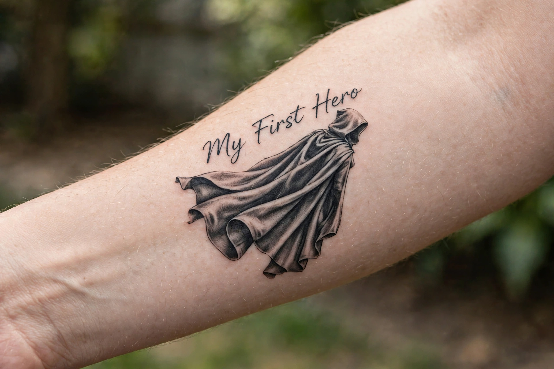 My first hero text with superhero cape tattoo