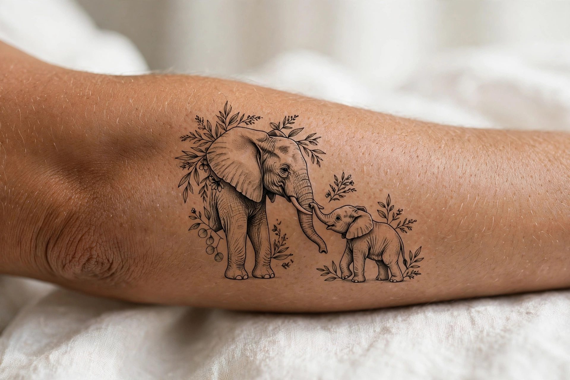 Elephant father walking with baby elephant tattoo