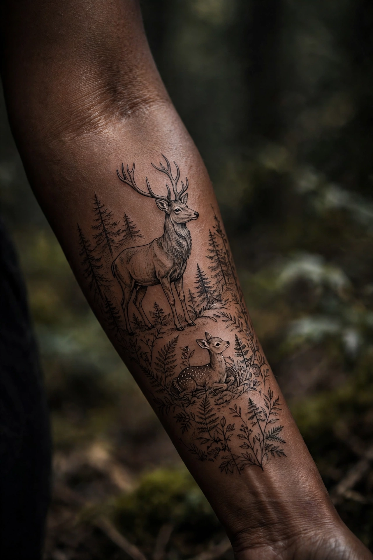 Stag and fawn deer tattoo in forest scene