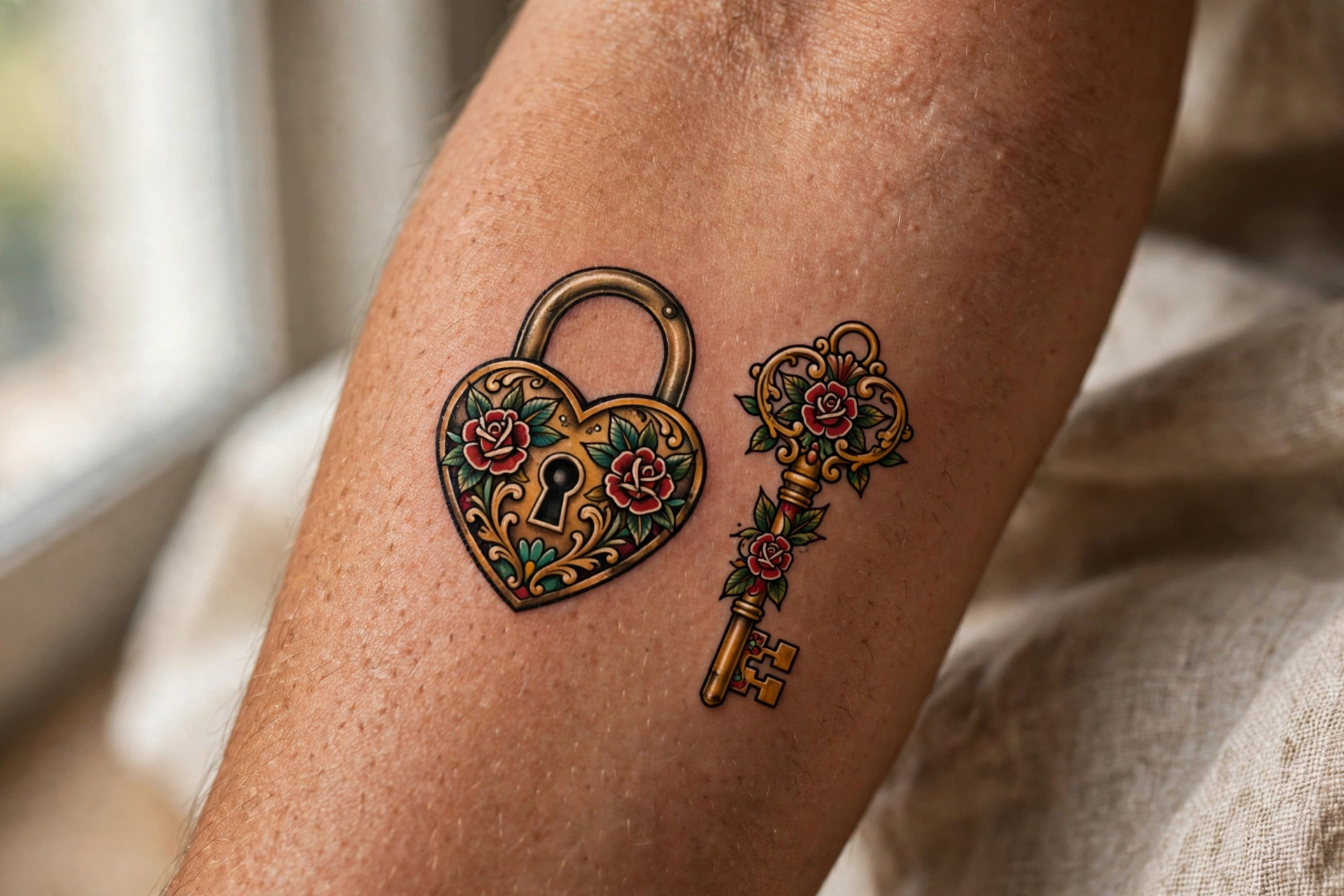 Heart lock and key matching tattoo set