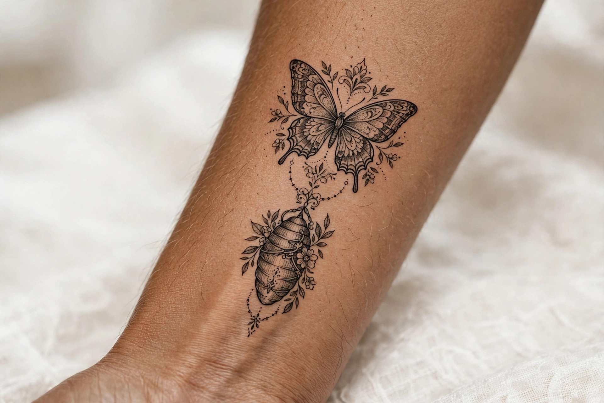 Butterfly and cocoon tattoo symbolizing growth