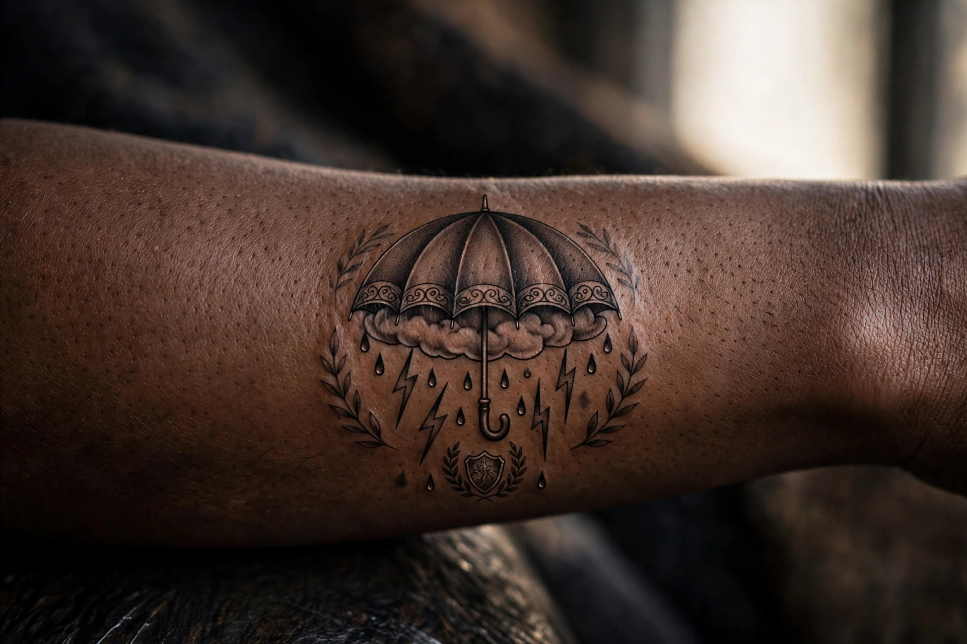 Umbrella sheltering small heart tattoo