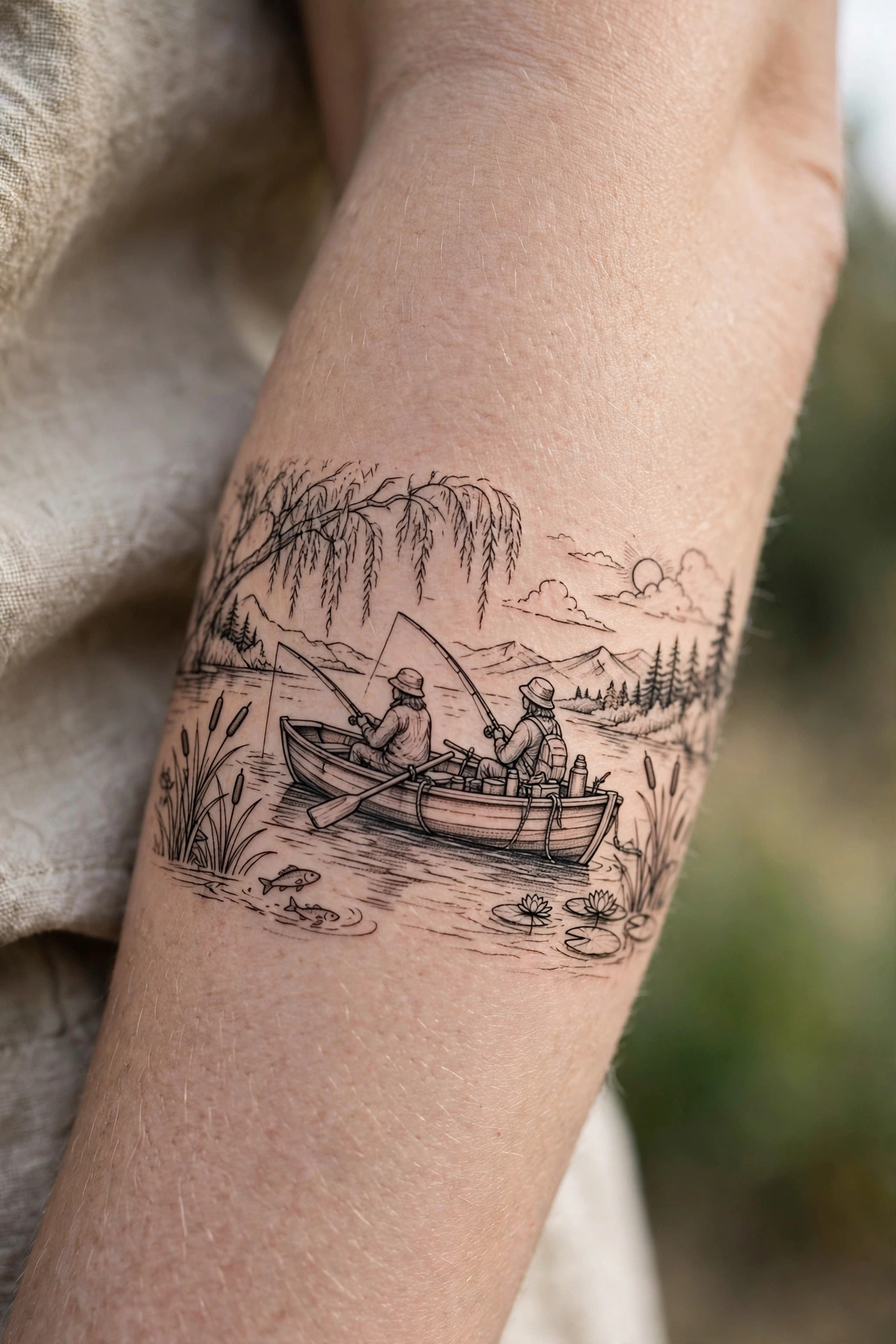 Father and daughter fishing by lake tattoo