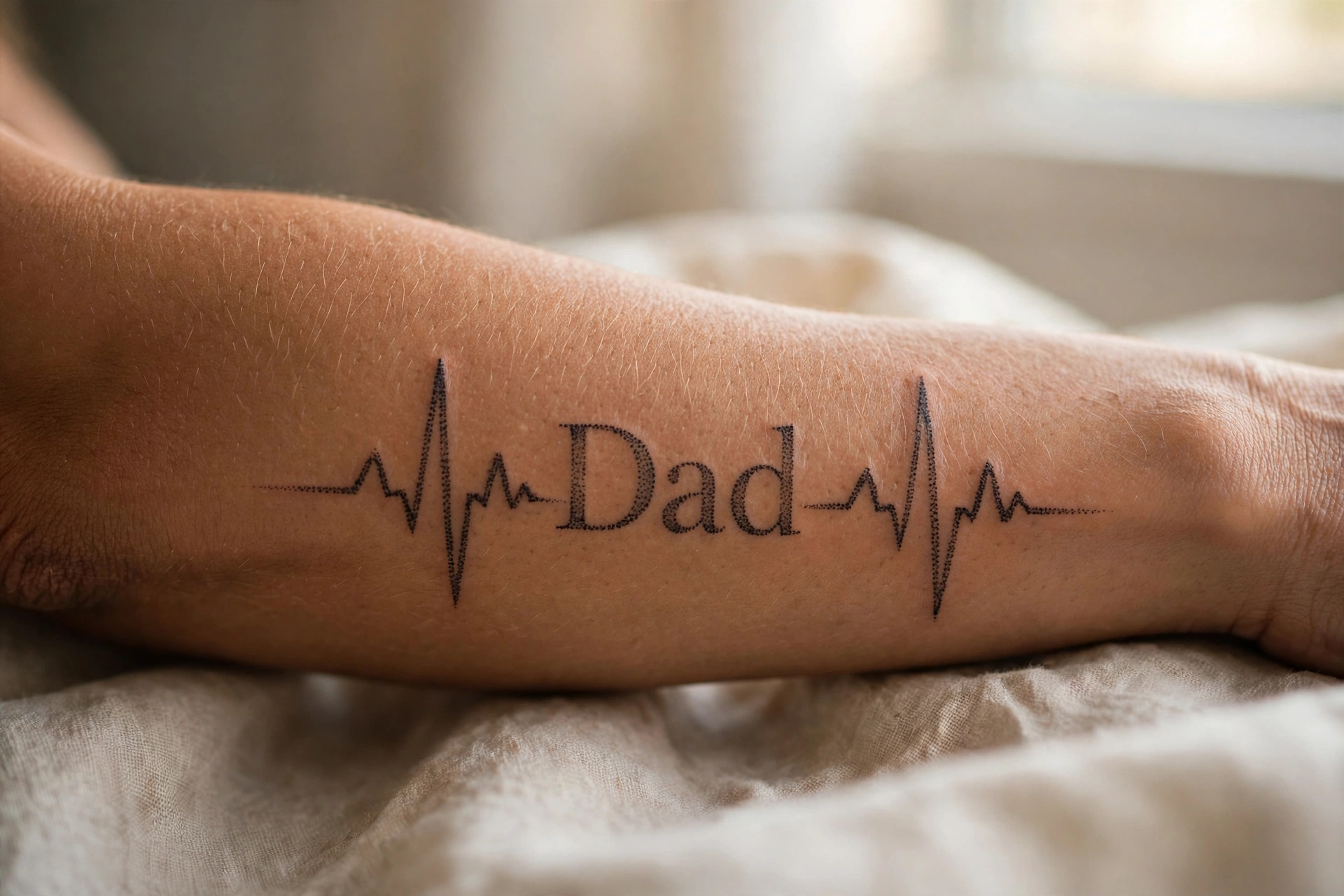 Heartbeat line tattoo with dad word inside