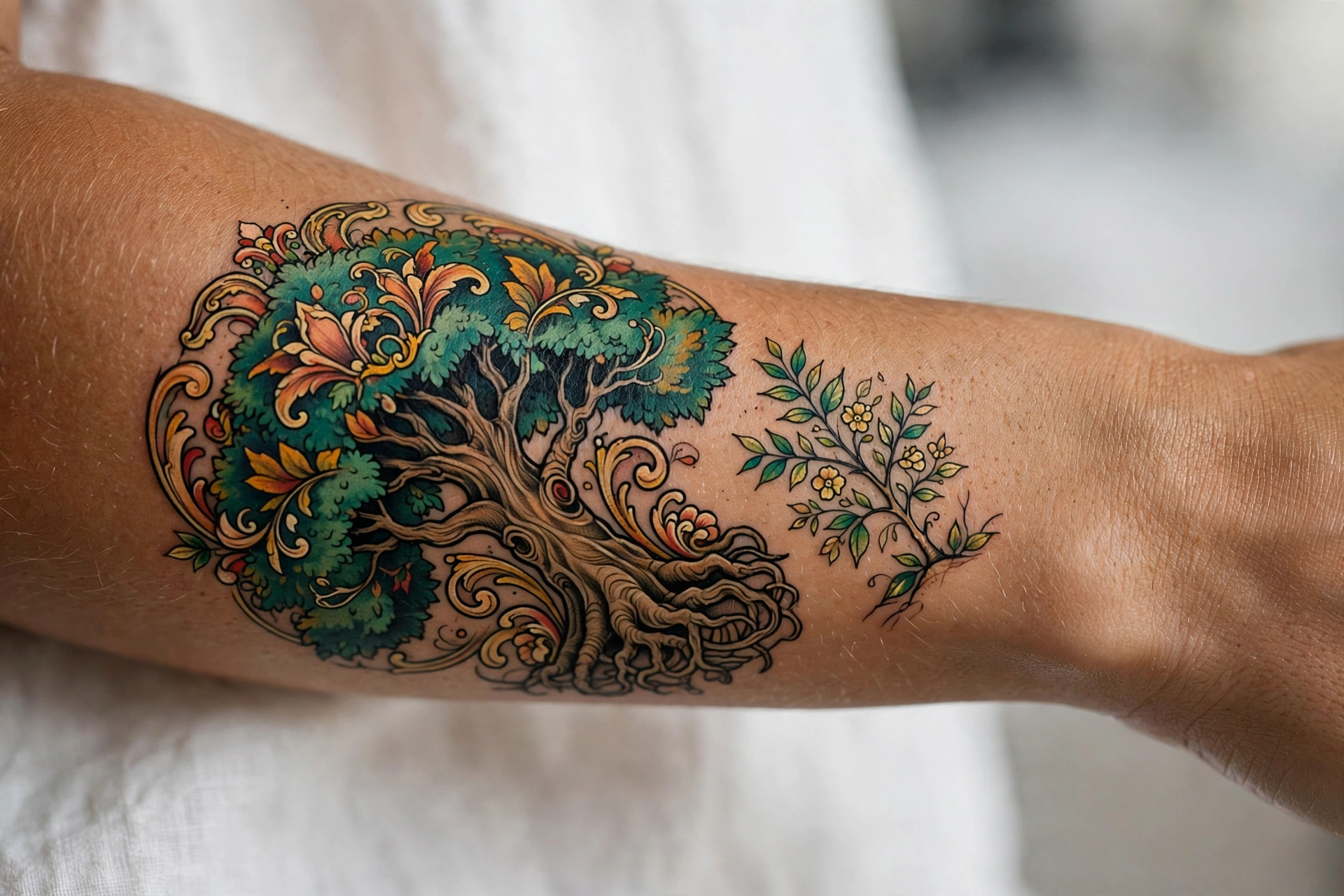 Big tree sheltering small sapling tattoo