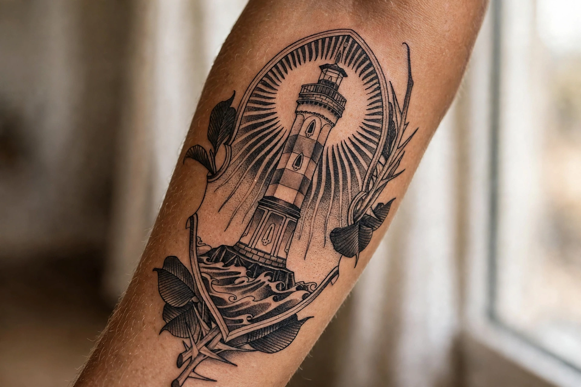 Lighthouse beaming light tattoo for father daughter