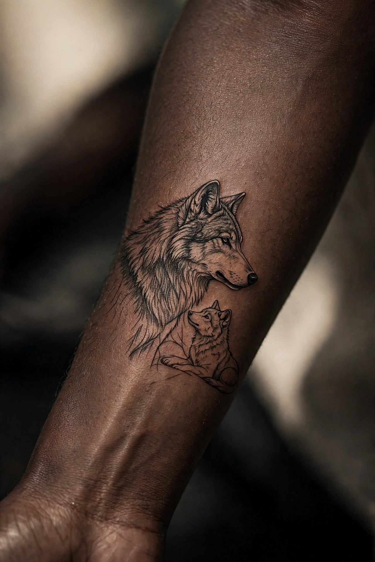 Wolf and pup howling together tattoo