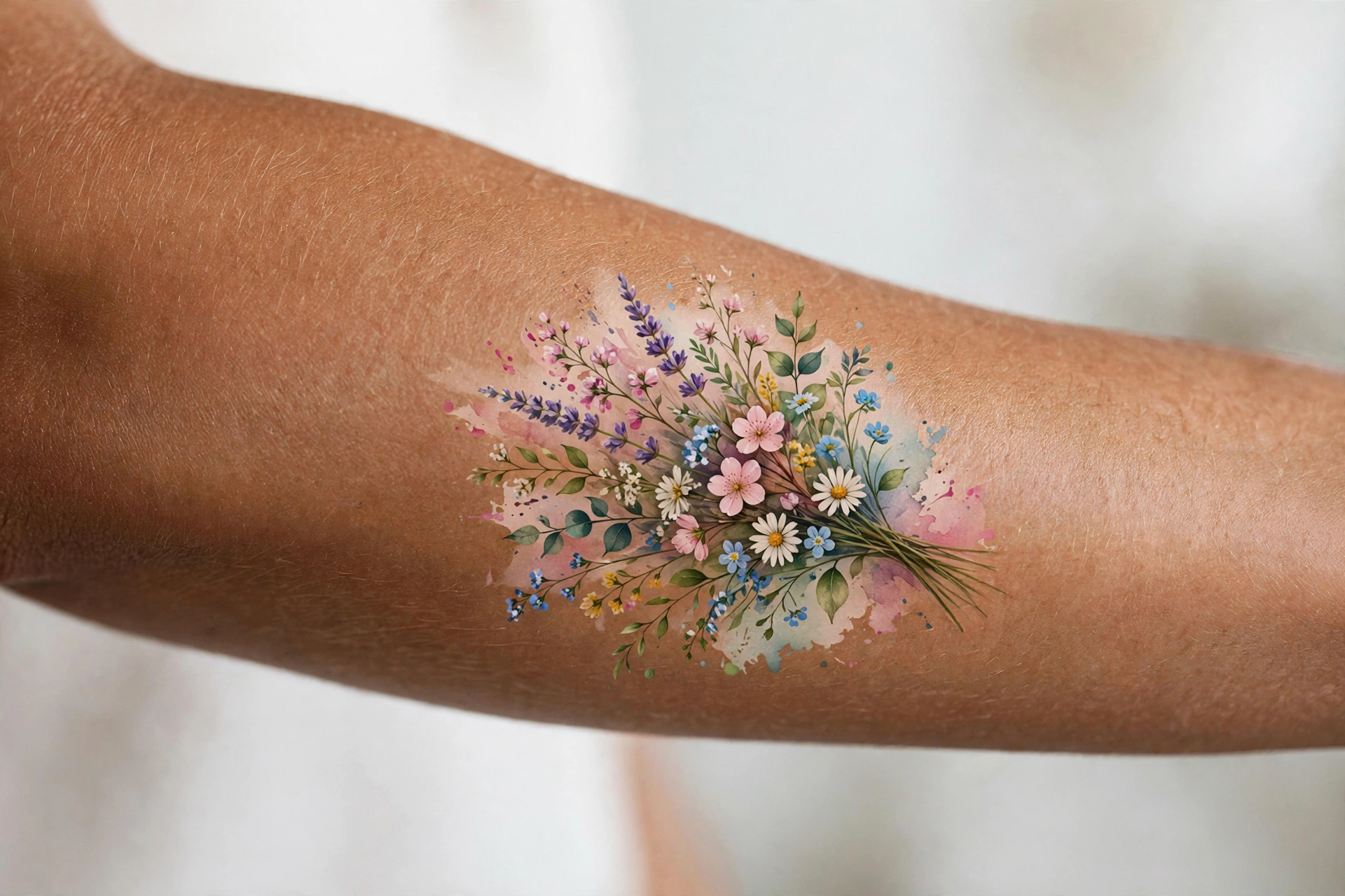 Fine line wildflower bouquet tattoo on a woman's shoulder