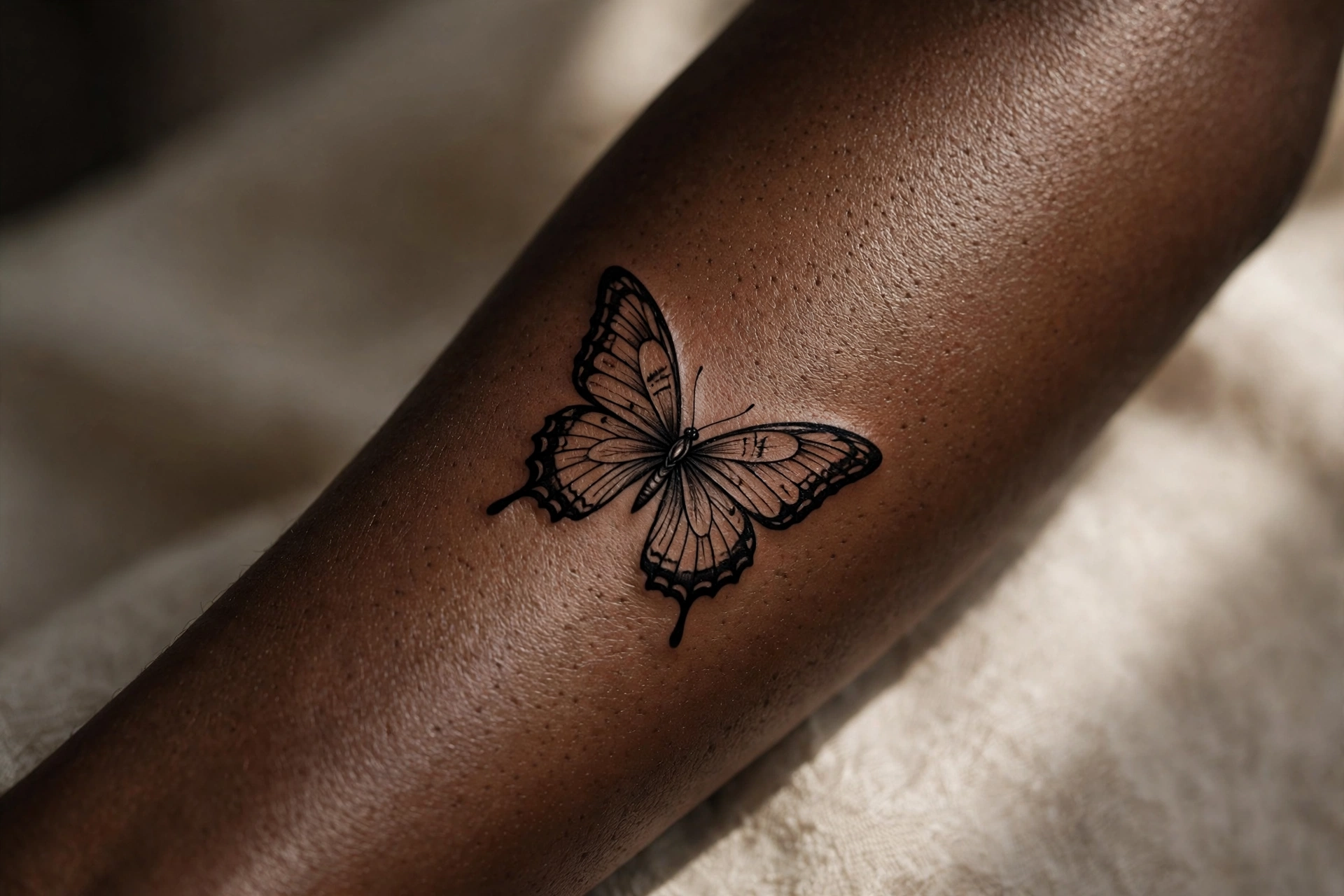 Delicate fine line butterfly tattoo on a woman's collarbone