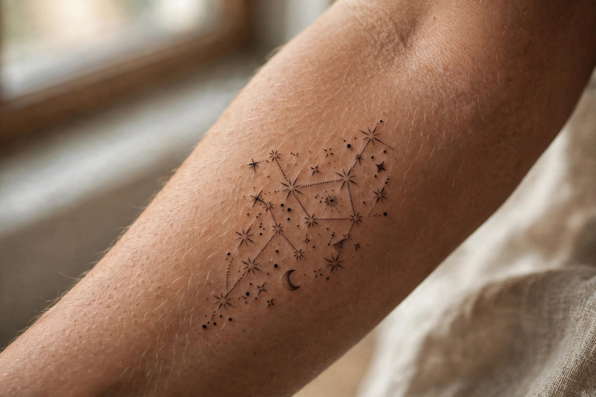 Fine line constellation tattoo connecting stars on a woman's ribcage