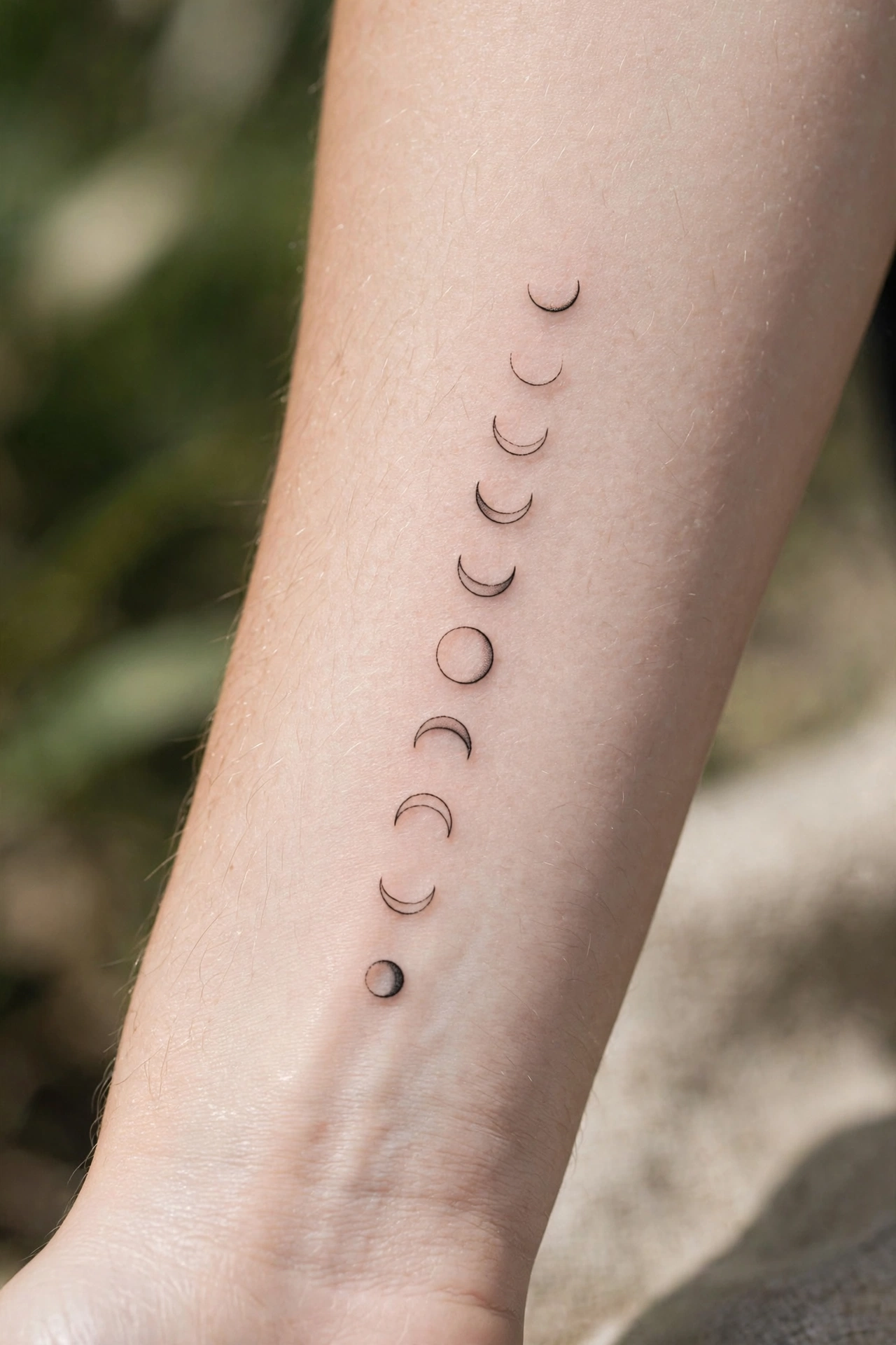 Fine line moon phases tattoo arcing down a woman's spine