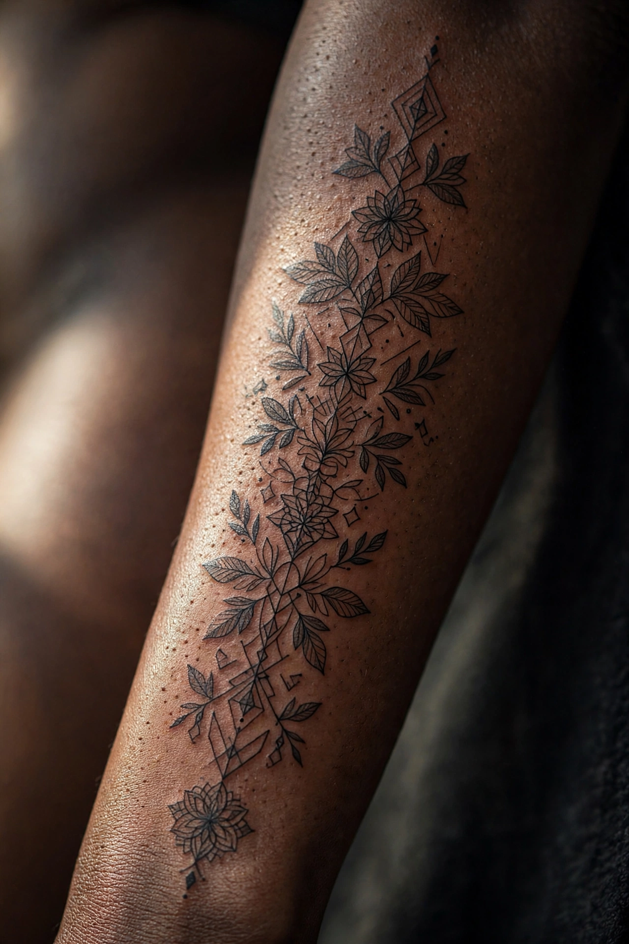 Fine line floral vine tattoo running down a woman's spine