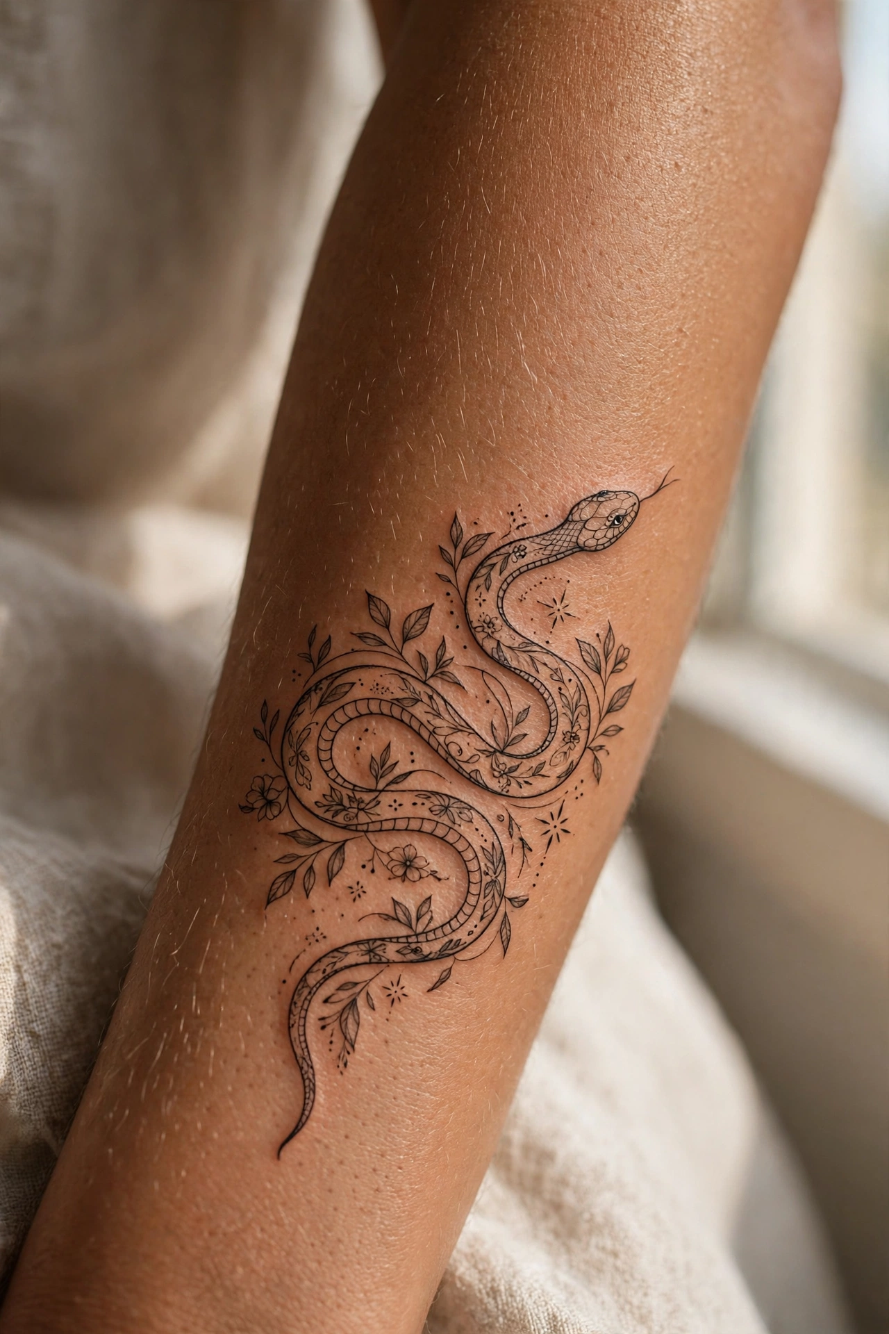 Fine line snake tattoo coiling around a woman's ankle