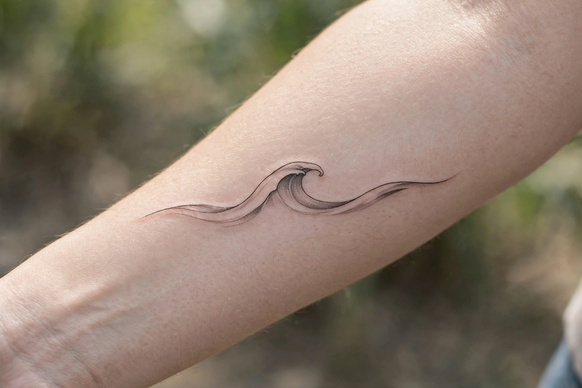 Fine line ocean wave tattoo on a woman's ankle