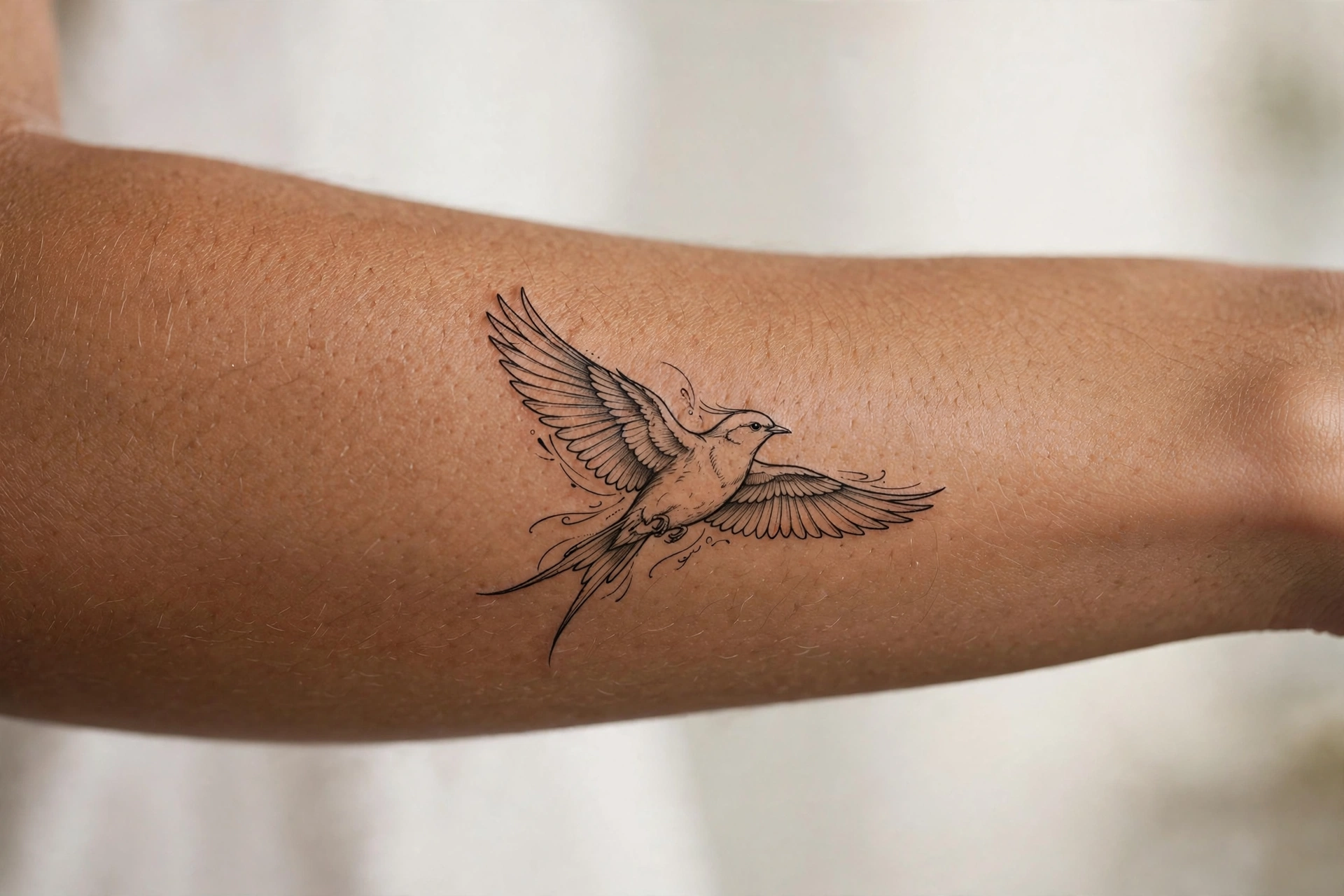 Fine line bird in flight tattoo on a woman's shoulder blade