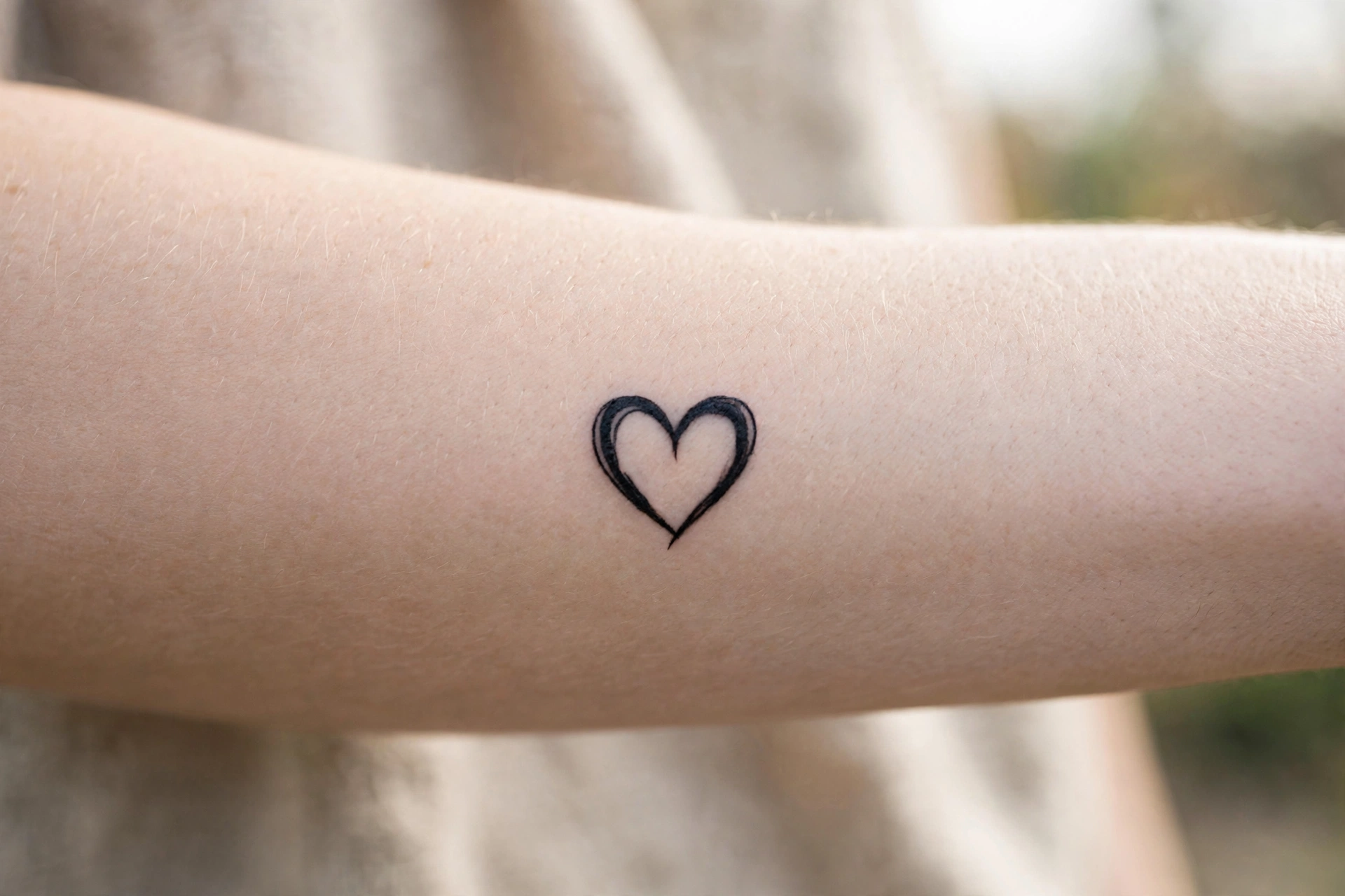 Fine line heart outline tattoo on a woman's finger