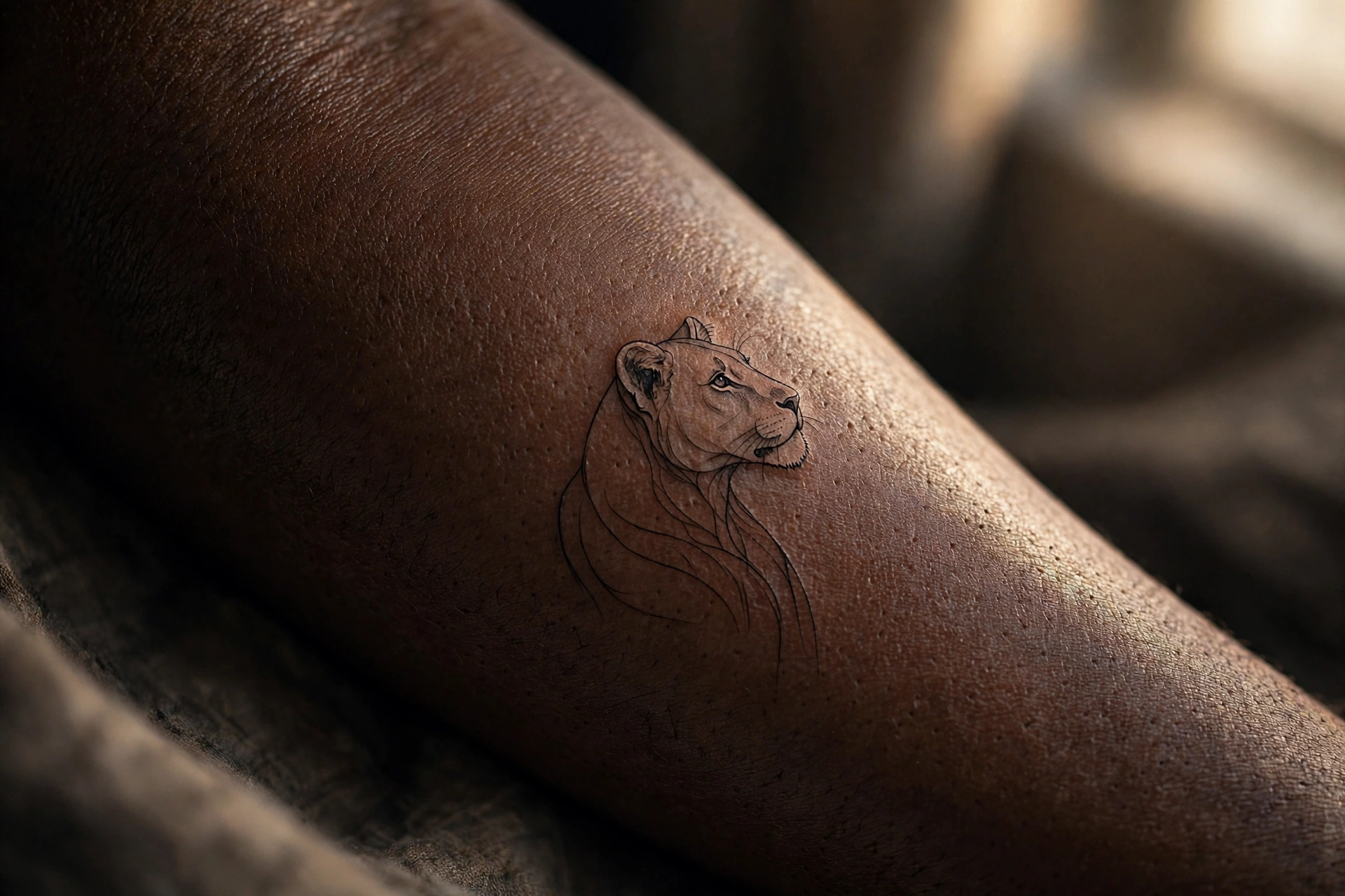 Fine line lioness face tattoo on a woman's thigh