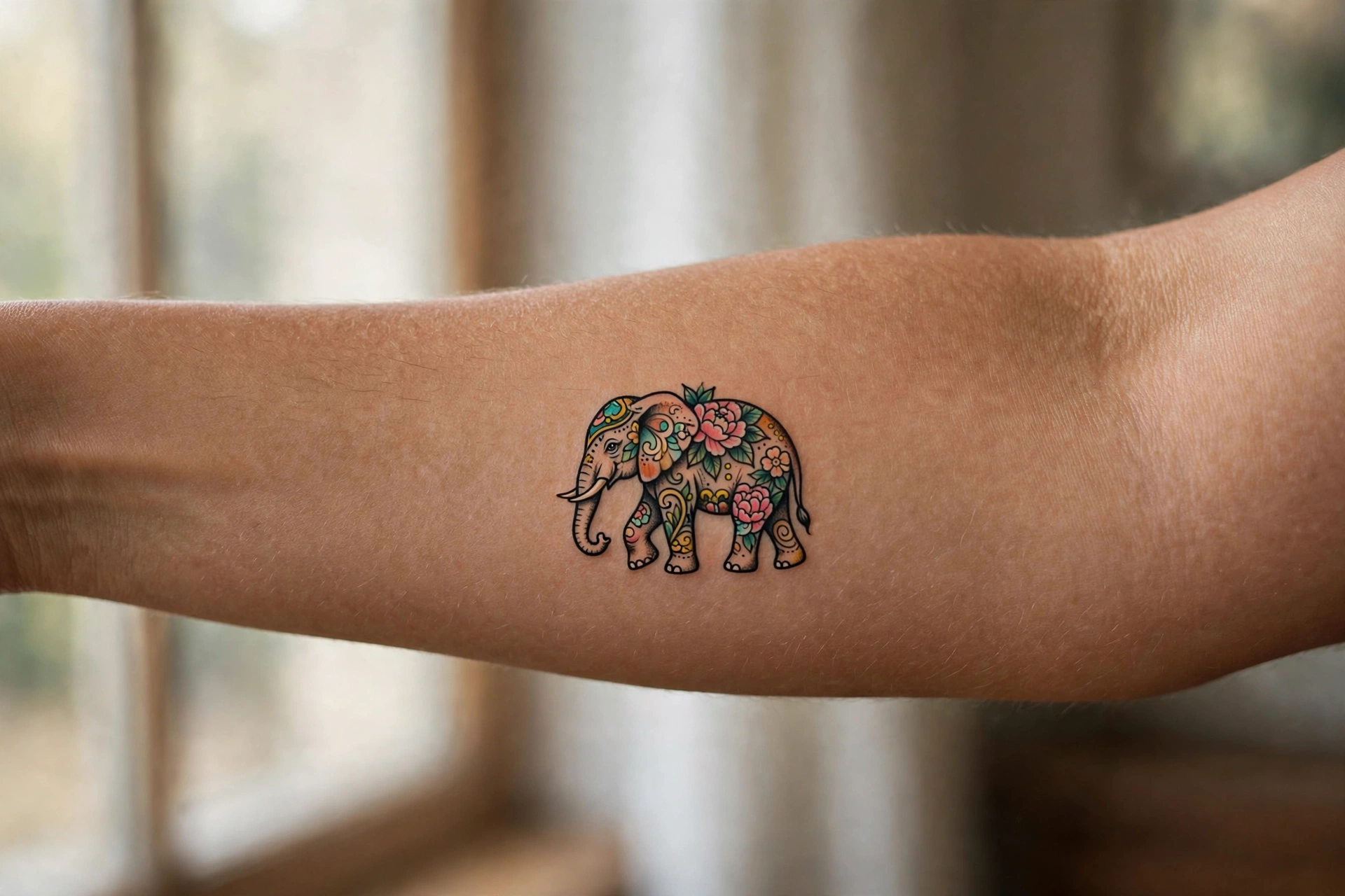 Fine line baby elephant tattoo on a woman's wrist