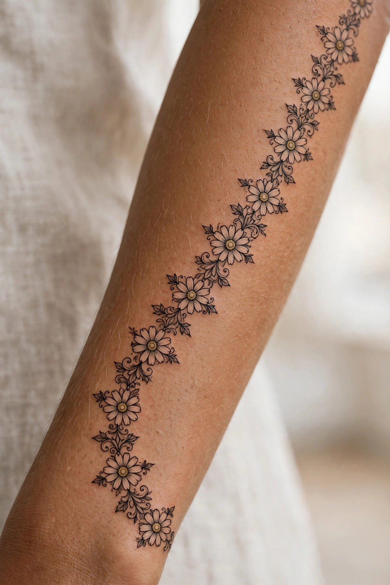 Fine line daisy chain tattoo circling a woman's wrist